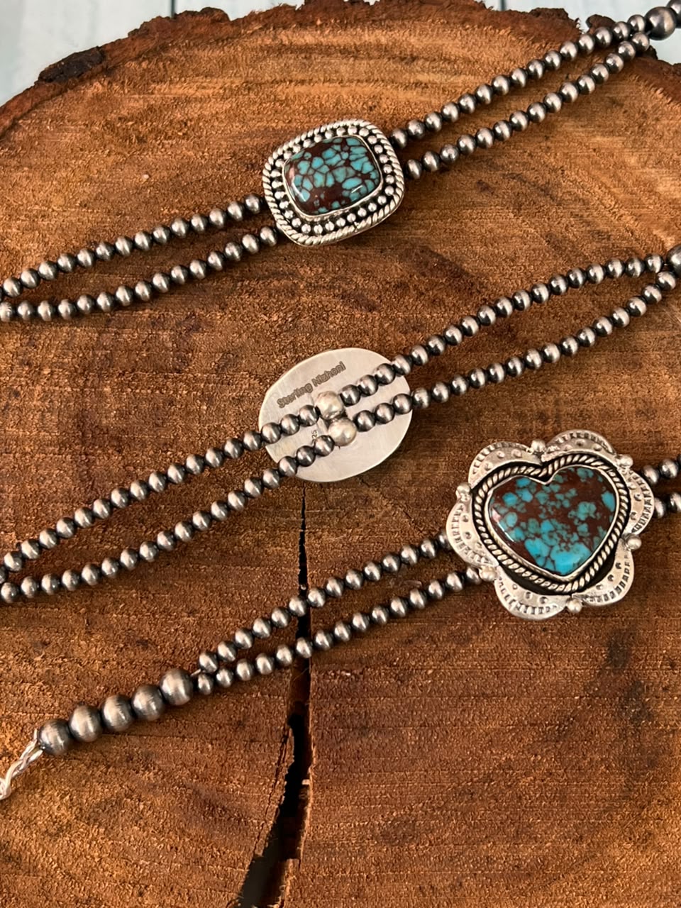Handmade Sterling Silver Egyptian Turquoise Collection: Beaded Chain Bracelet Signed Nizhoni