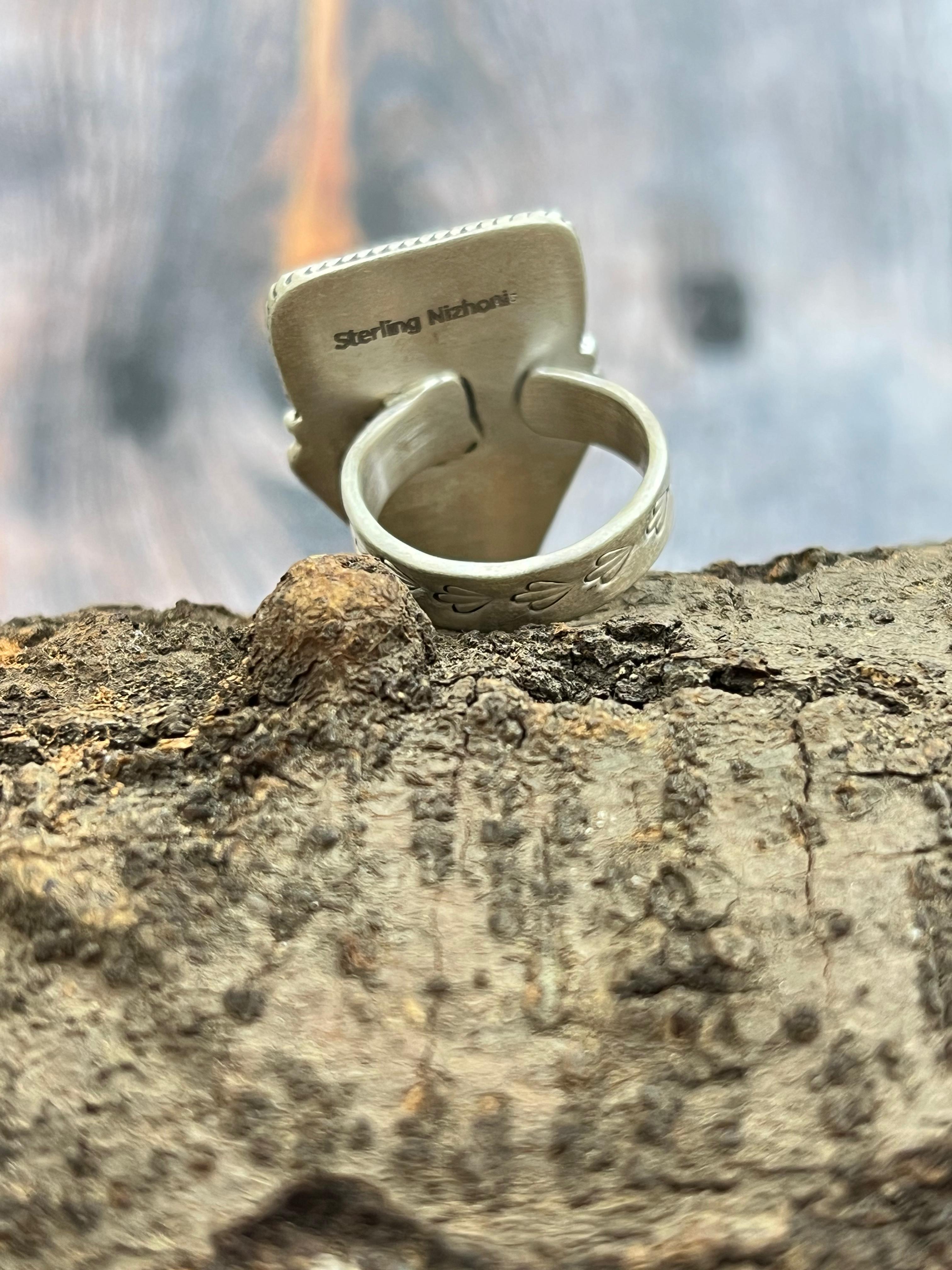 Handmade Sterling Silver Wild Horse with Dahlia Rose Adjustable Ring with Signed Nizhoni