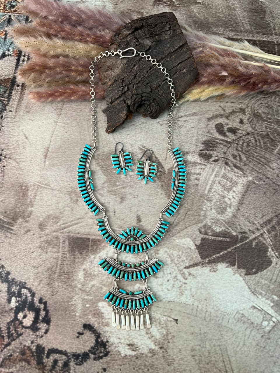 Handmade Sterling Silver Kingman Turquoise Necklace and Earrings Set Signed Nizhoni