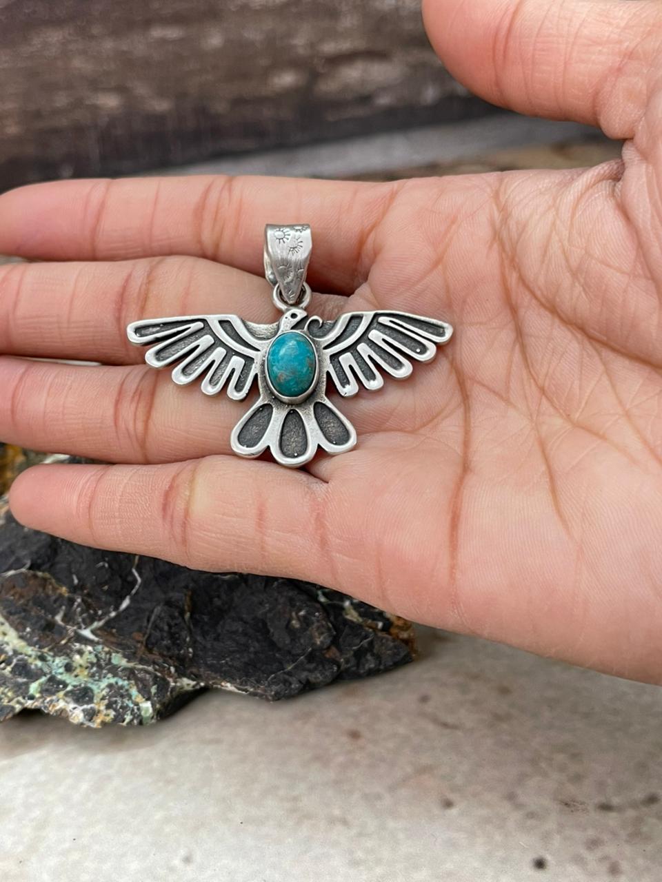 Handmade Sterling Silver Kingman Turquoise Thunder Bird Pendant "Signed Nizhoni"