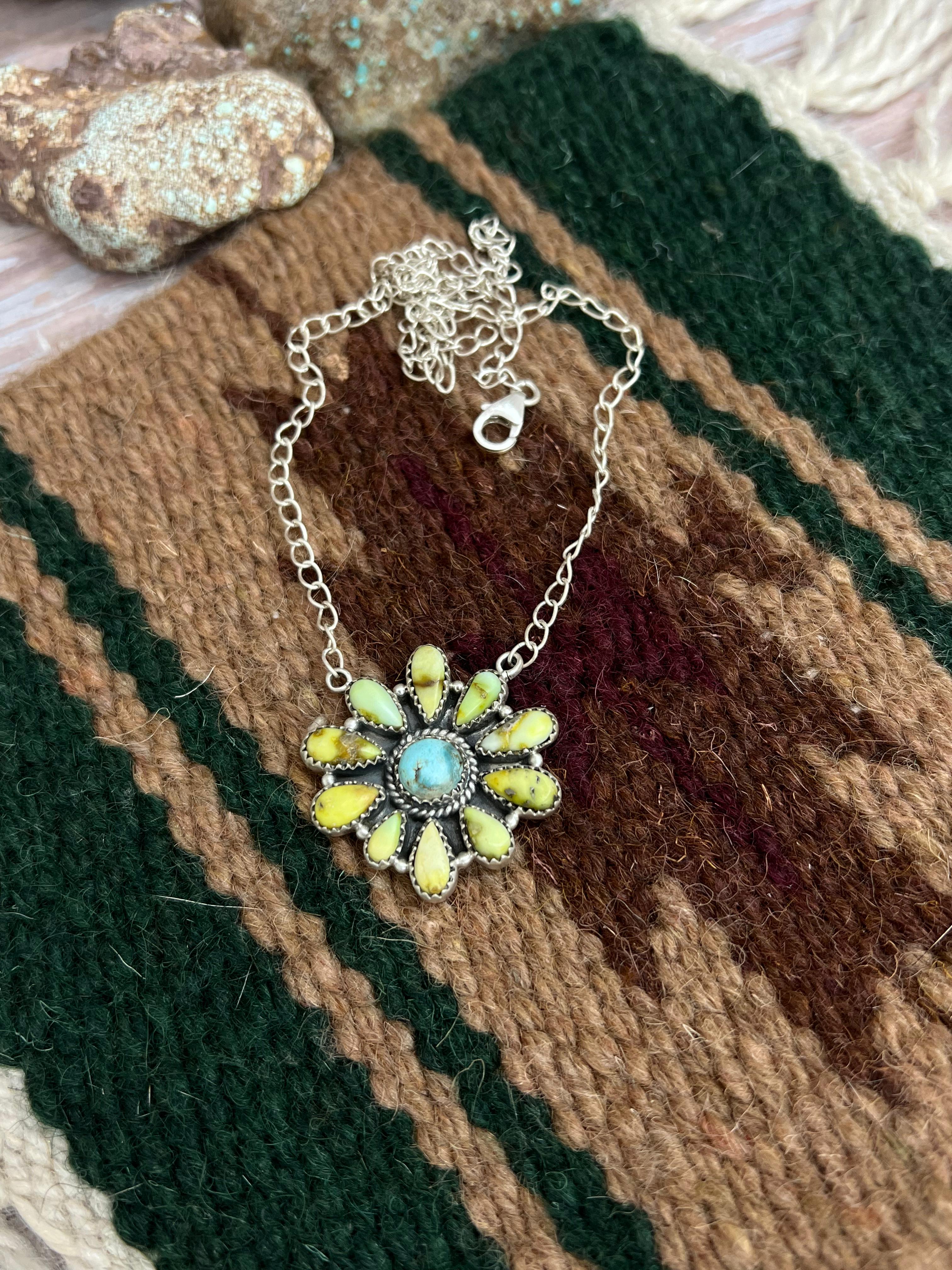 Handmade Sterling Silver Palomino, Golden Hills Turquoise Necklace with Signed Nizhoni