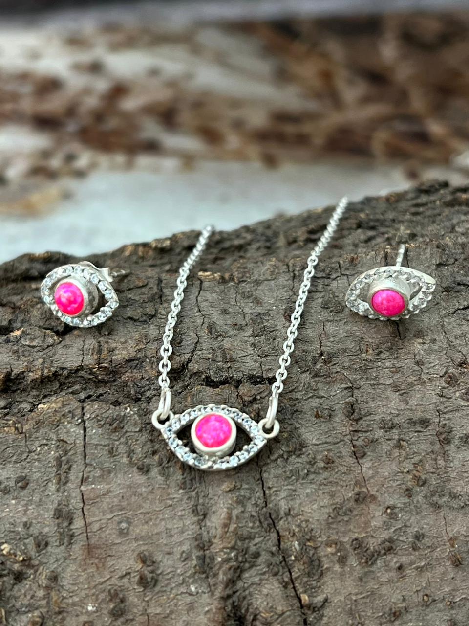 Handmade Sterling Silver Hot Pink Necklace Earrings Set "Signed Nizhoni"