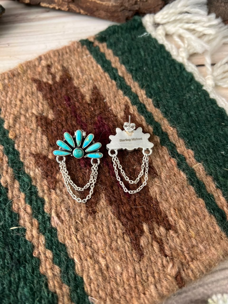 Handmade Sterling Silver Kingman Turquoise Post Dangle Earrings Signed Nizhoni