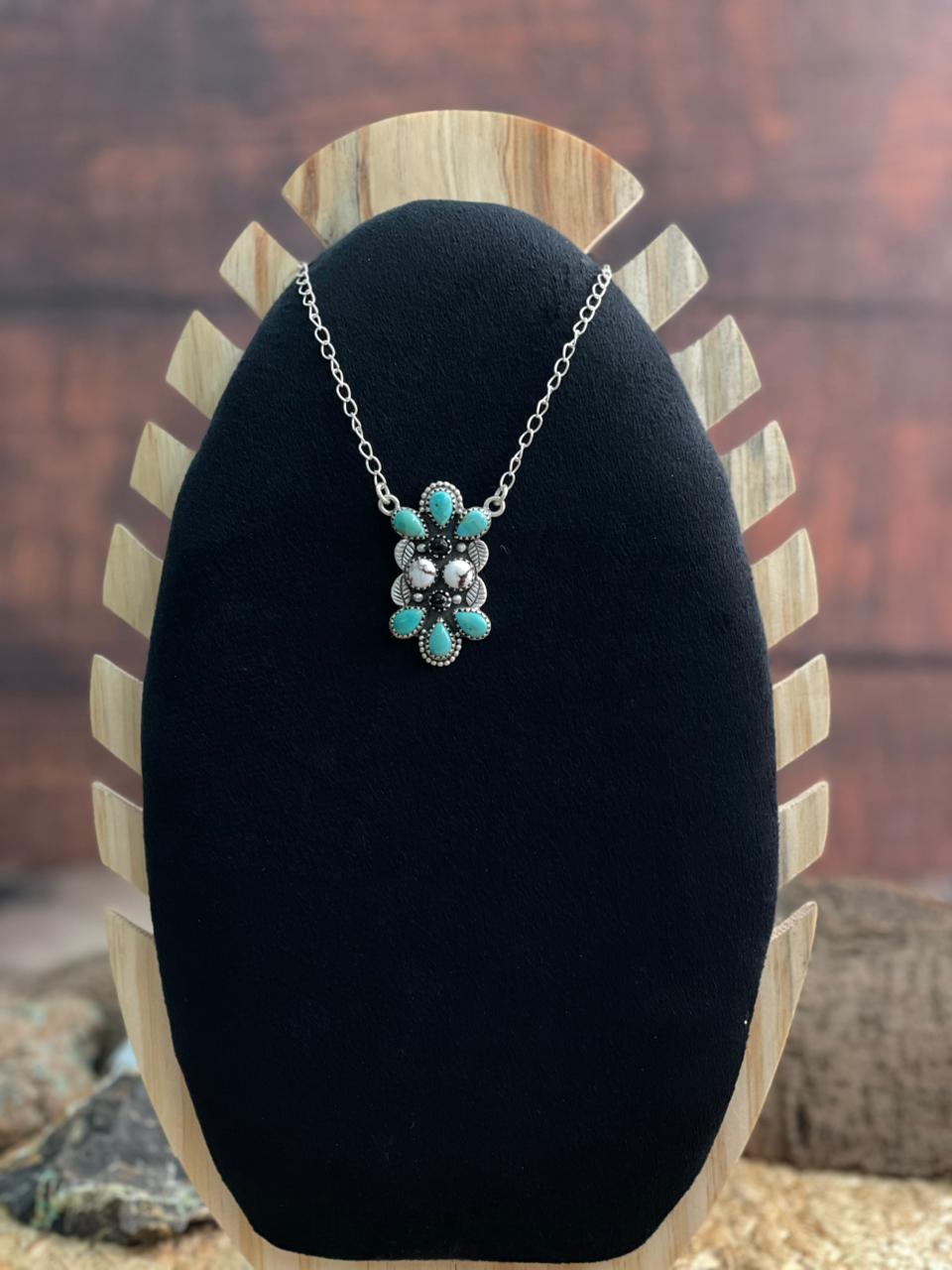 Handmade Sterling Silver Kingman with Wildhorse, Black Onyx Necklace "Signed Nizhoni"