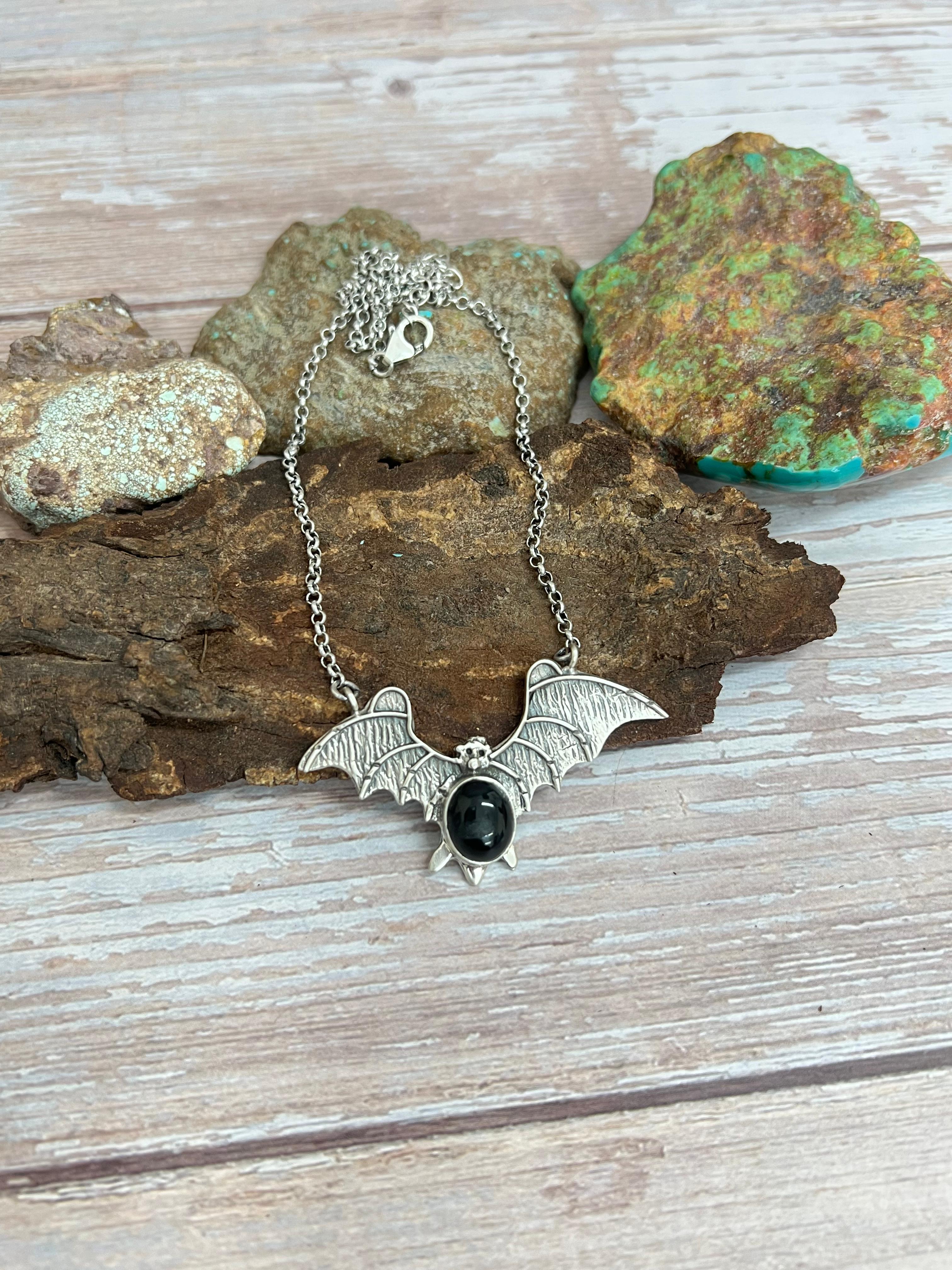 "Halloween Collection" Handmade Sterling Silver Black Onyx Bat Necklace with Signed Nizhoni