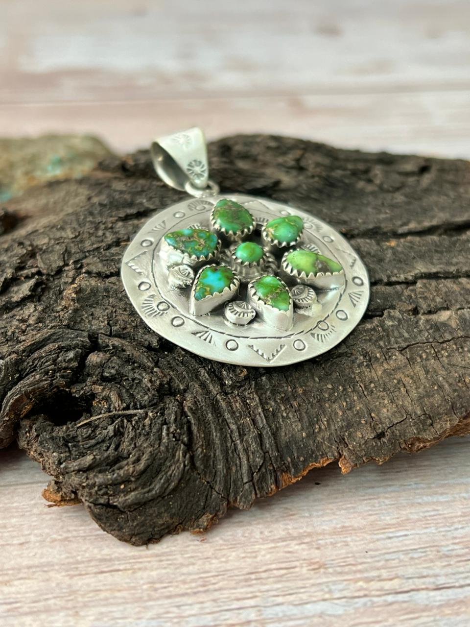 Handmade Sterling Silver Sonoran Mountain Turquoise Pendant with Signed Nizhoni