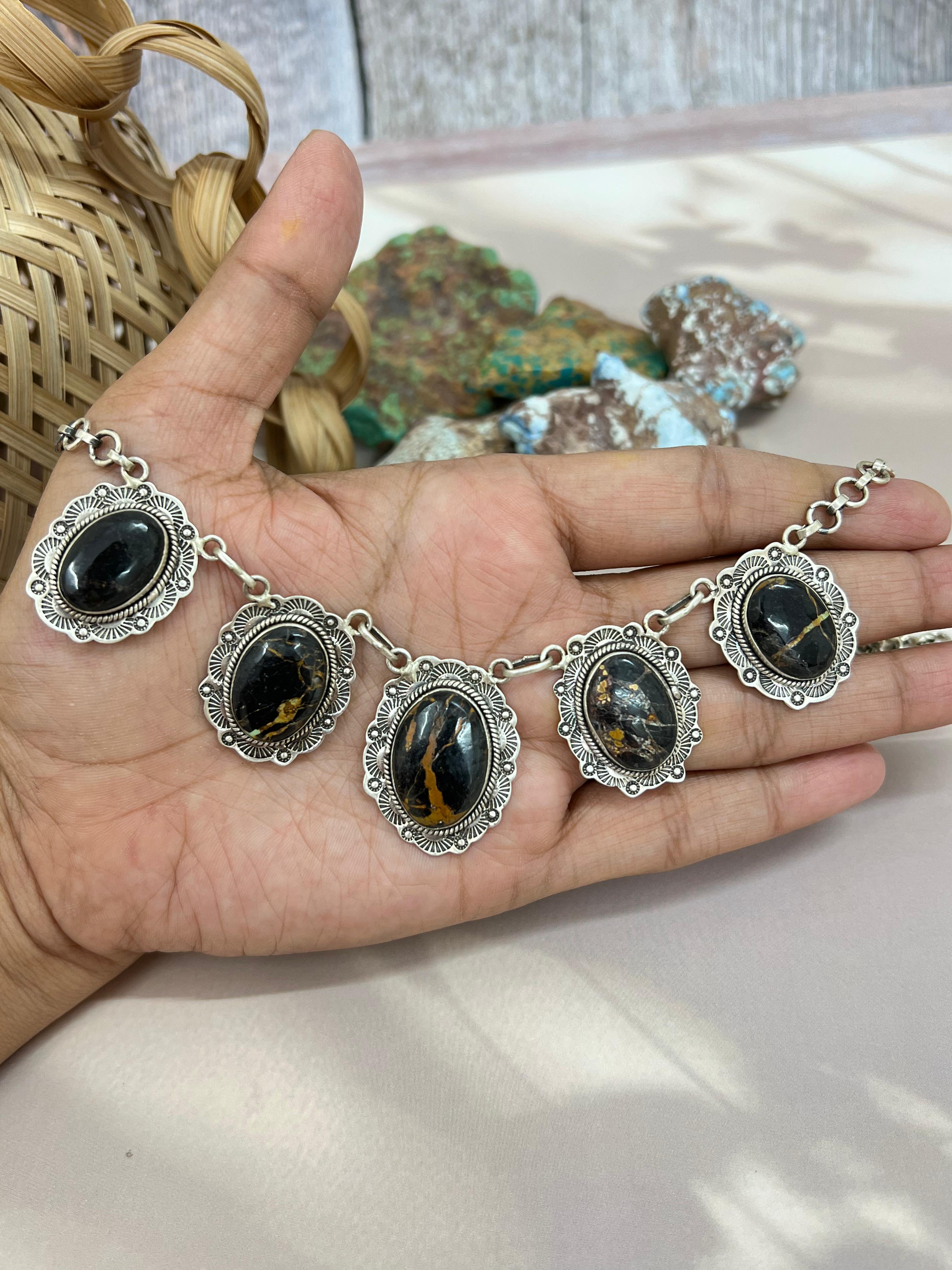 Handmade Sterling Silver Blackjack Turquoise Choker Necklace Signed Nizhoni