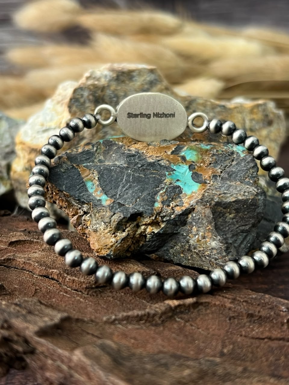 Handmade Sterling Silver Royston Ribbon Turquoise Stretchy Beaded Bracelet Signed Nizhoni
