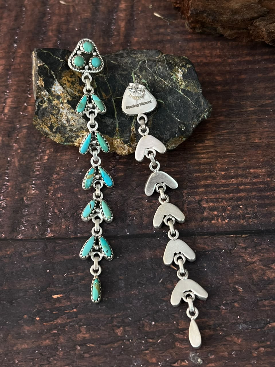 Handmade Sterling Silver Kingman Turquoise Post Dangle Earrings Signed Nizhoni