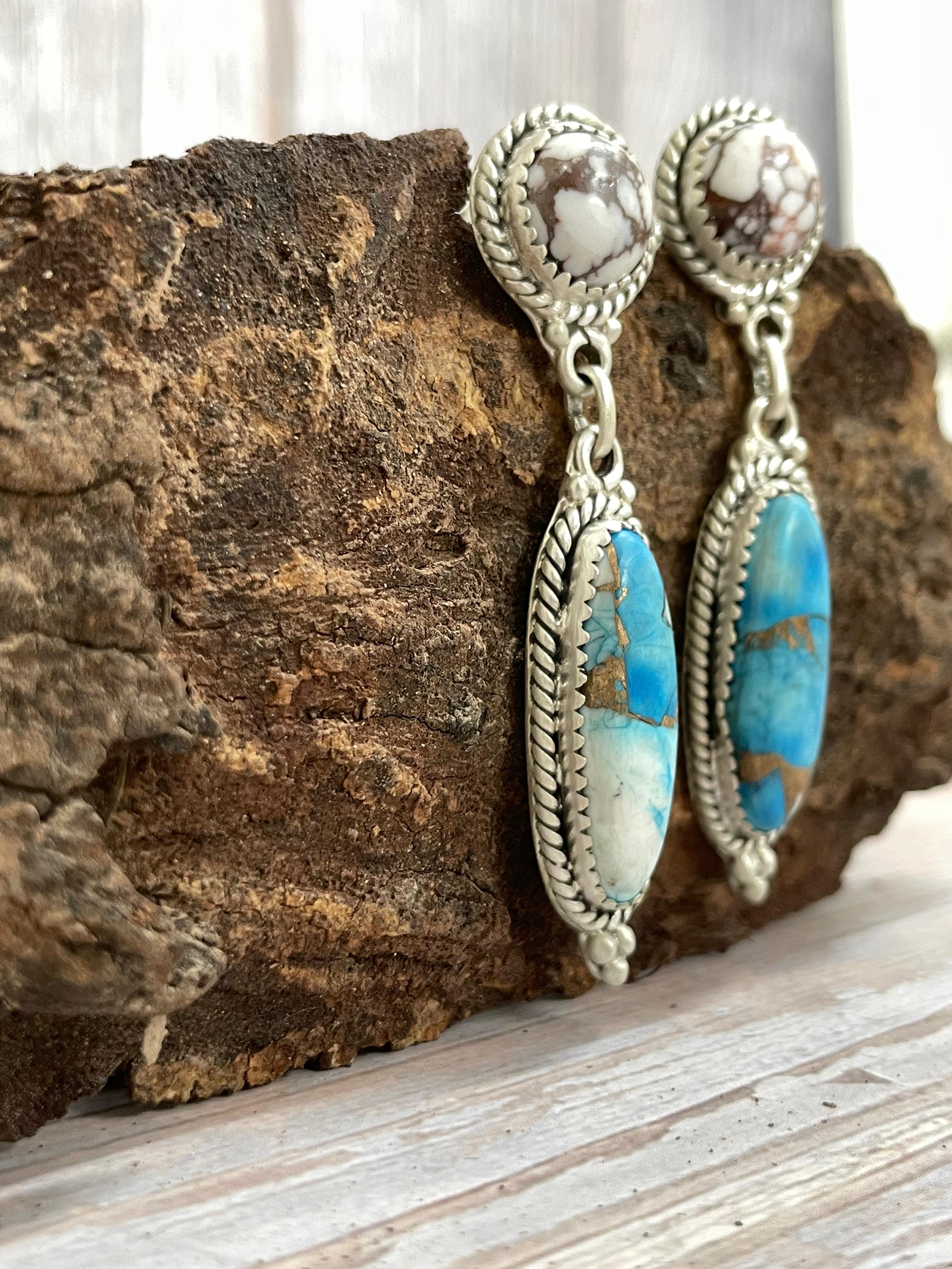 Handmade Sterling Silver Ice Blue Dahlia with Wild Horse Dangle Earrings, Signed Nizhoni