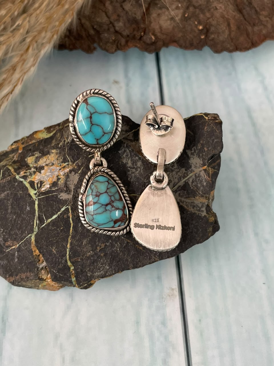 Handmade Sterling Silver Egyptian Turquoise Collection: Post Dangle Earrings Signed Nizhoni