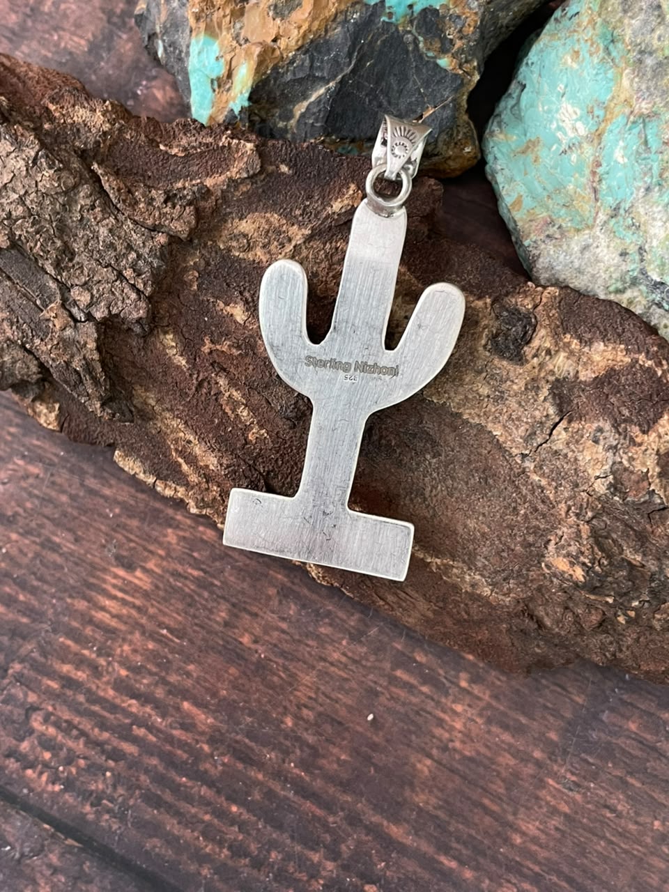 Handmade Sterling Silver Kingman Turquoise NFR Collection: Cactus Pendant Signed Nizhoni