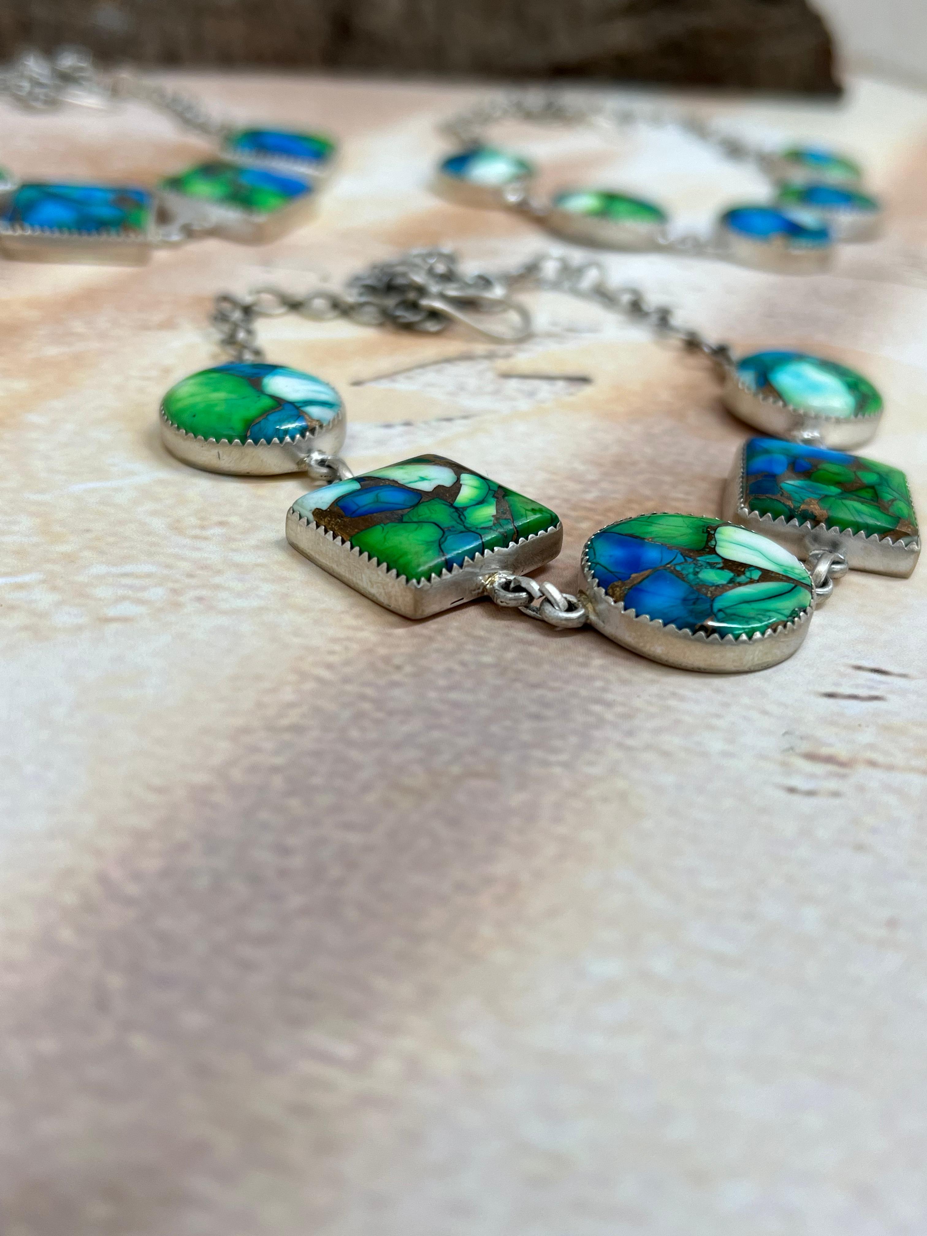 Handmade Sterling Silver Peacock Dahlia Necklace with Signed Nizhoni