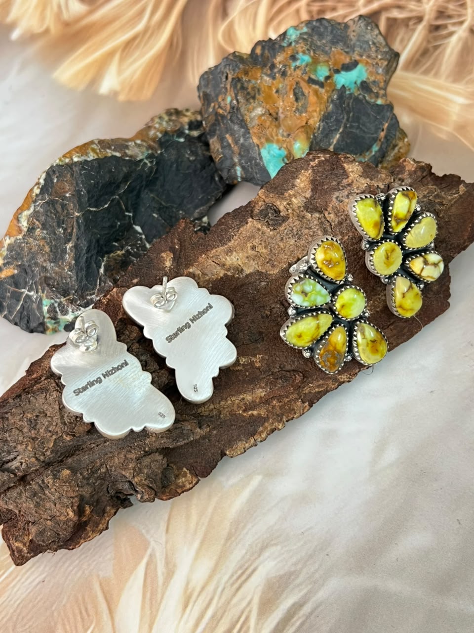 Handmade Sterling Silver Paloma and Palomino Turquoise Post Studs Earrings Signed Nizhoni