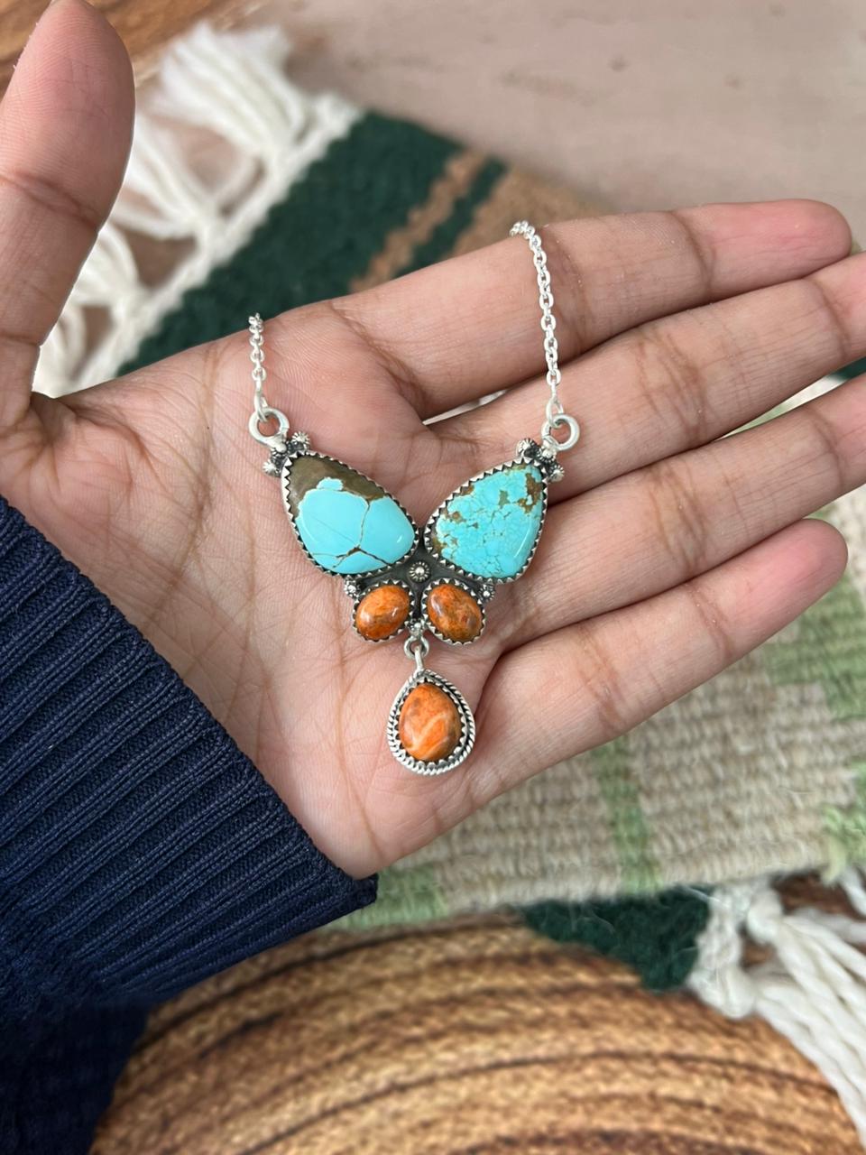 Handmade Sterling Silver Number 8 with Orange Mojave Necklace "Signed Nizhoni"