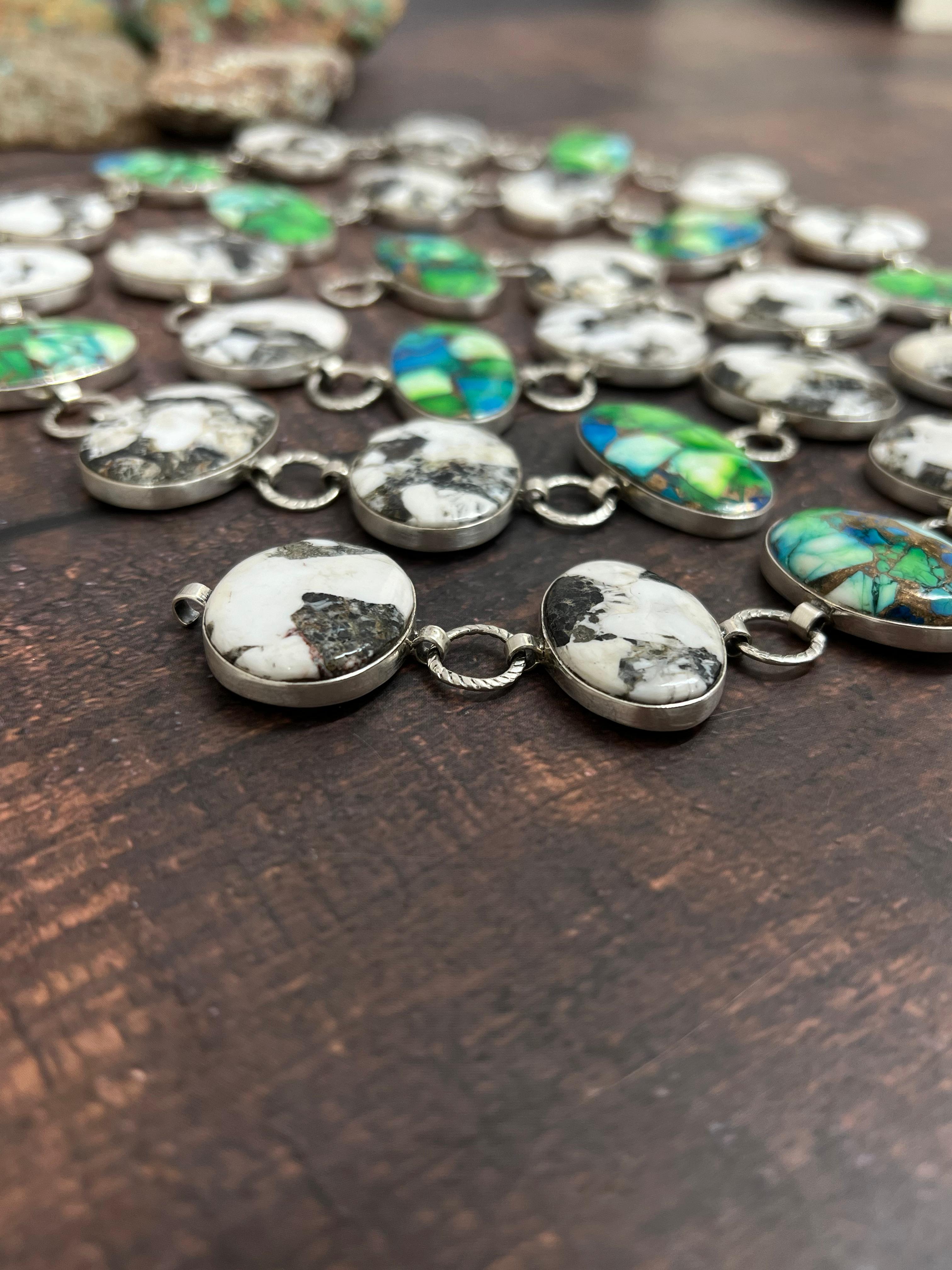 Handmade Sterling Silver White Buffalo with Peacock Dahlia Belt with Signed Nizhoni