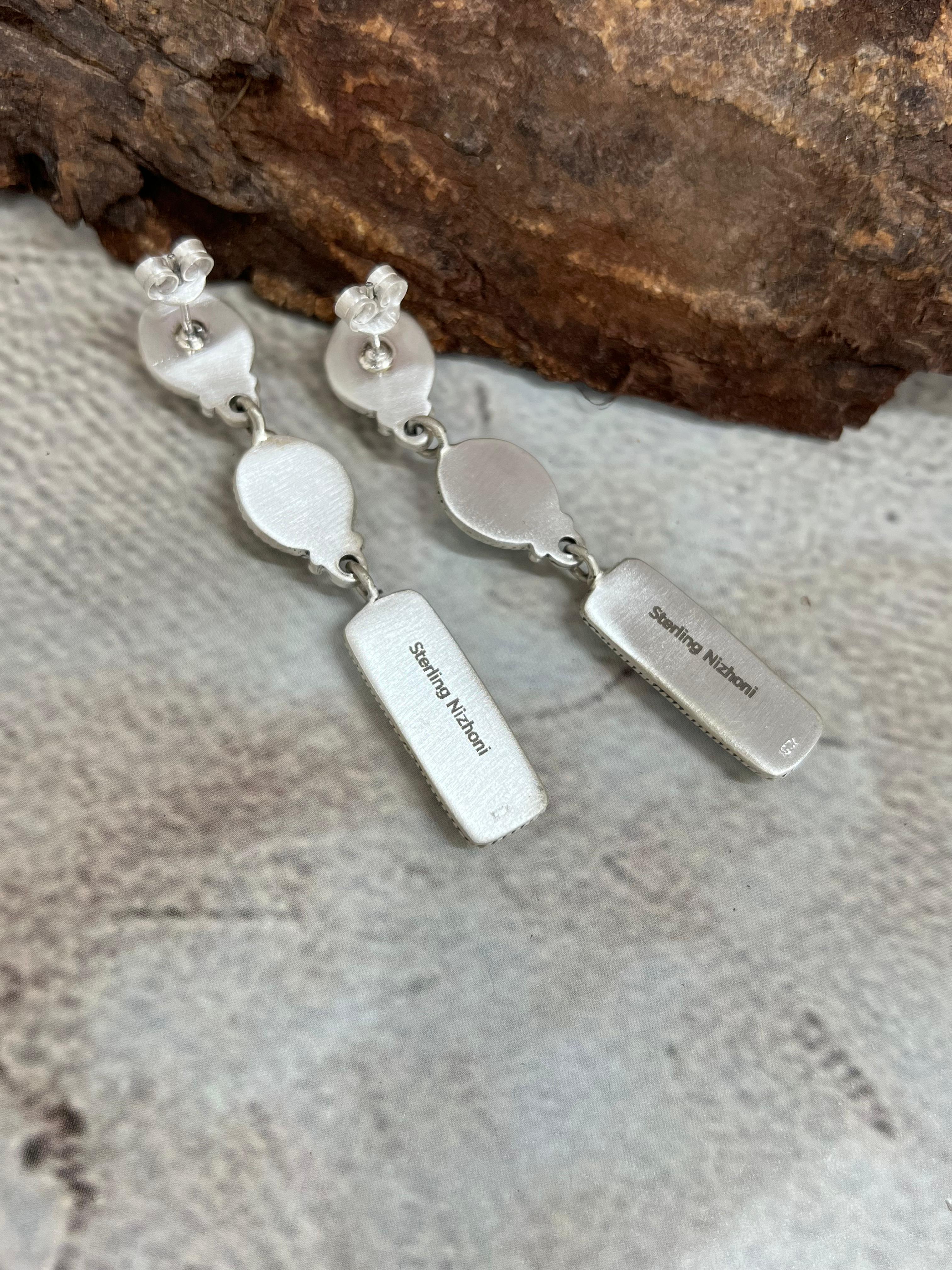 Handmade Sterling Silver Kingman Turquoise Post Dangle Earrings with Signed Nizhoni