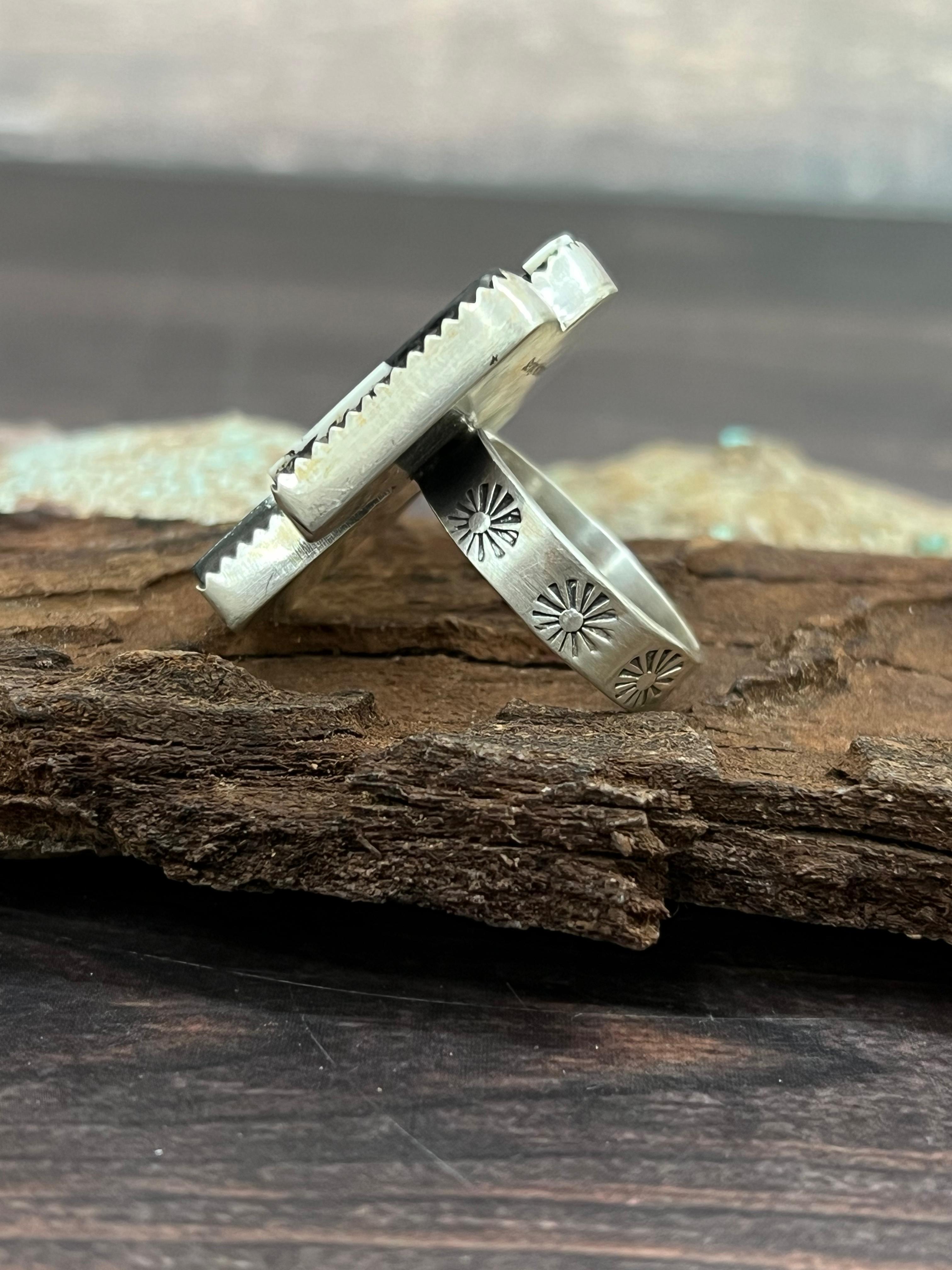 Handmade Sterling Silver White Buffalo Turquoise Adjustable Ring with Signed Nizhoni