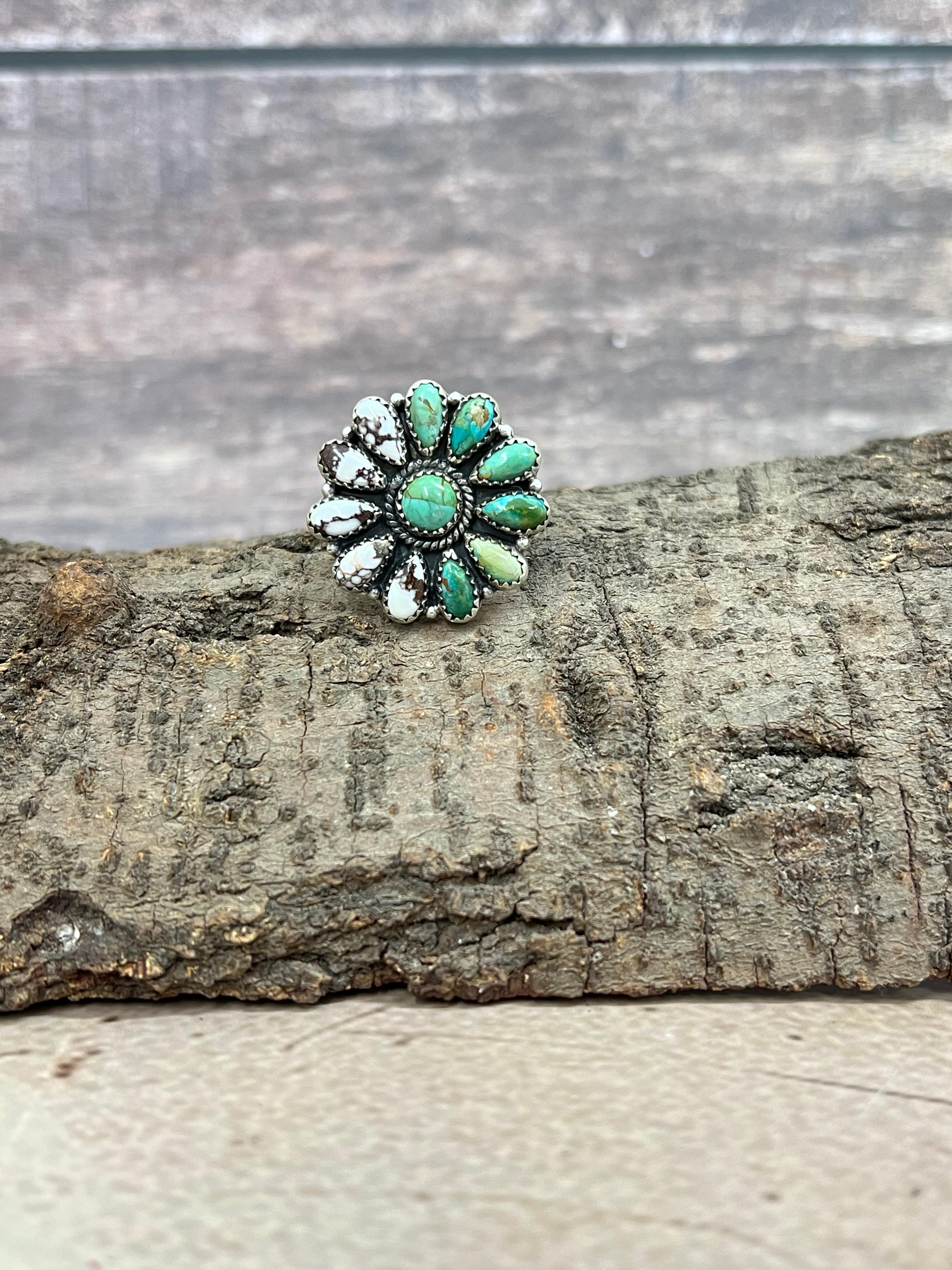 Handmade Sterling Silver Kingman Turquoise, Wild Horse Adjustable Ring with Signed Nizhoni
