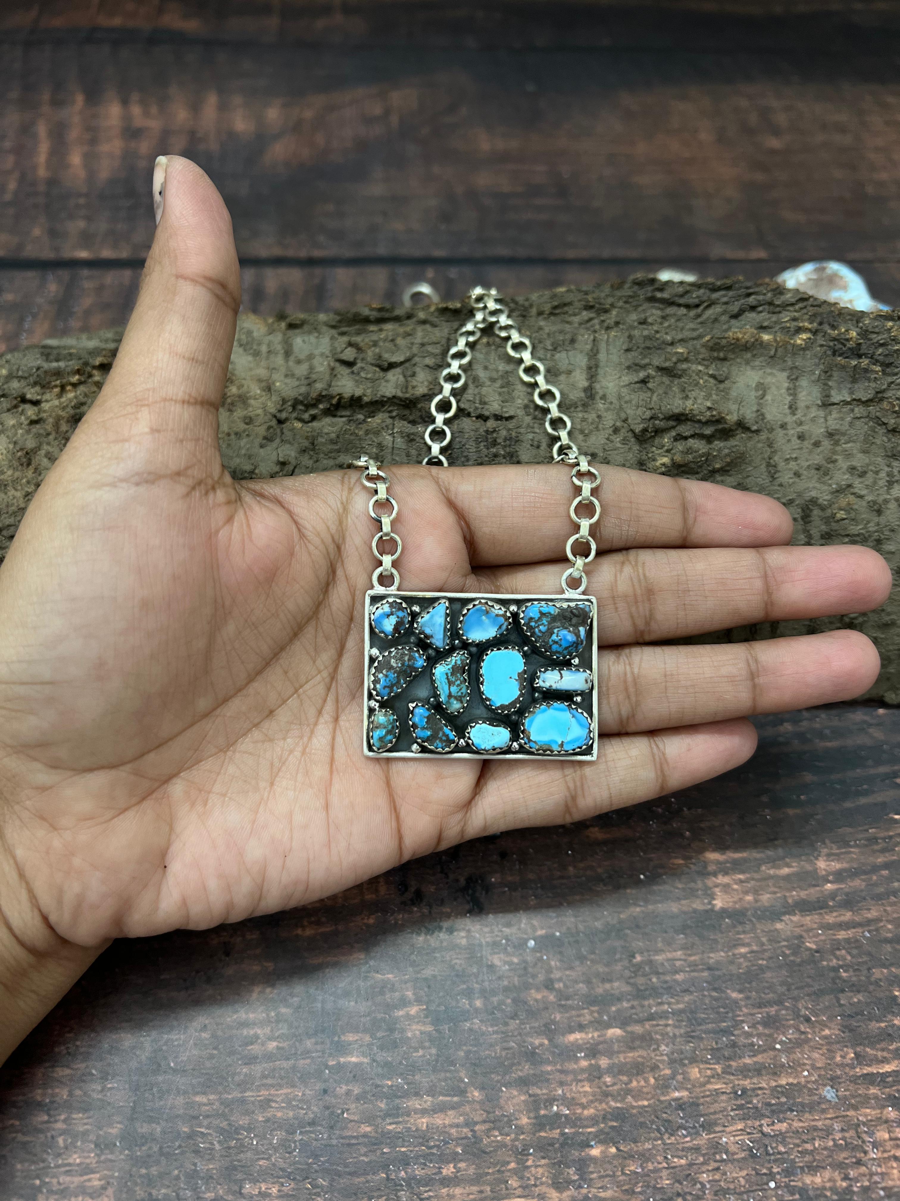 Handmade Sterling Silver Golden Hills Turquoise Necklace with Signed Nizhoni