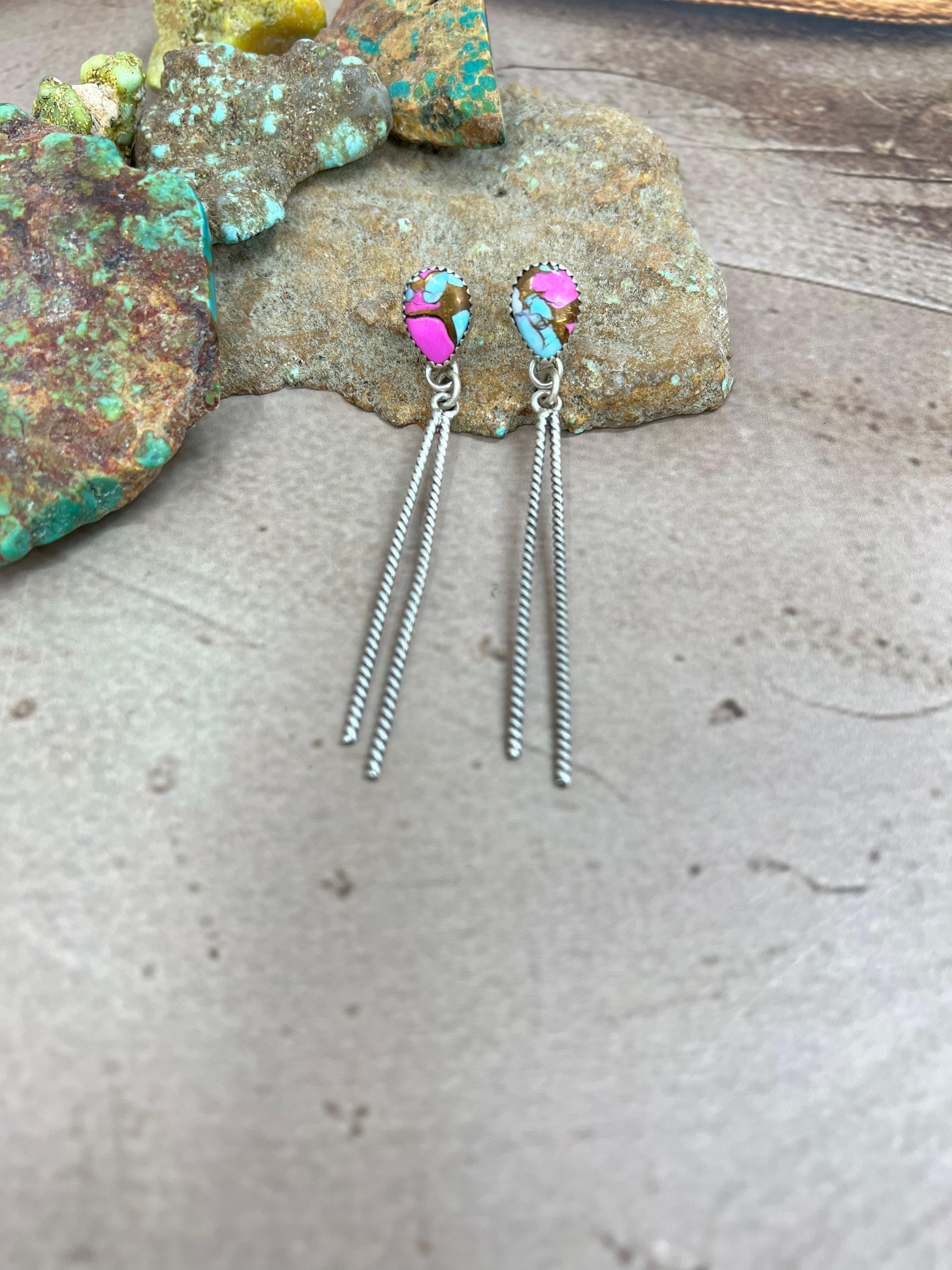 Handmade Sterling Silver Cotton Candy Turquoise Dangle Earrings with Signed Nizhoni