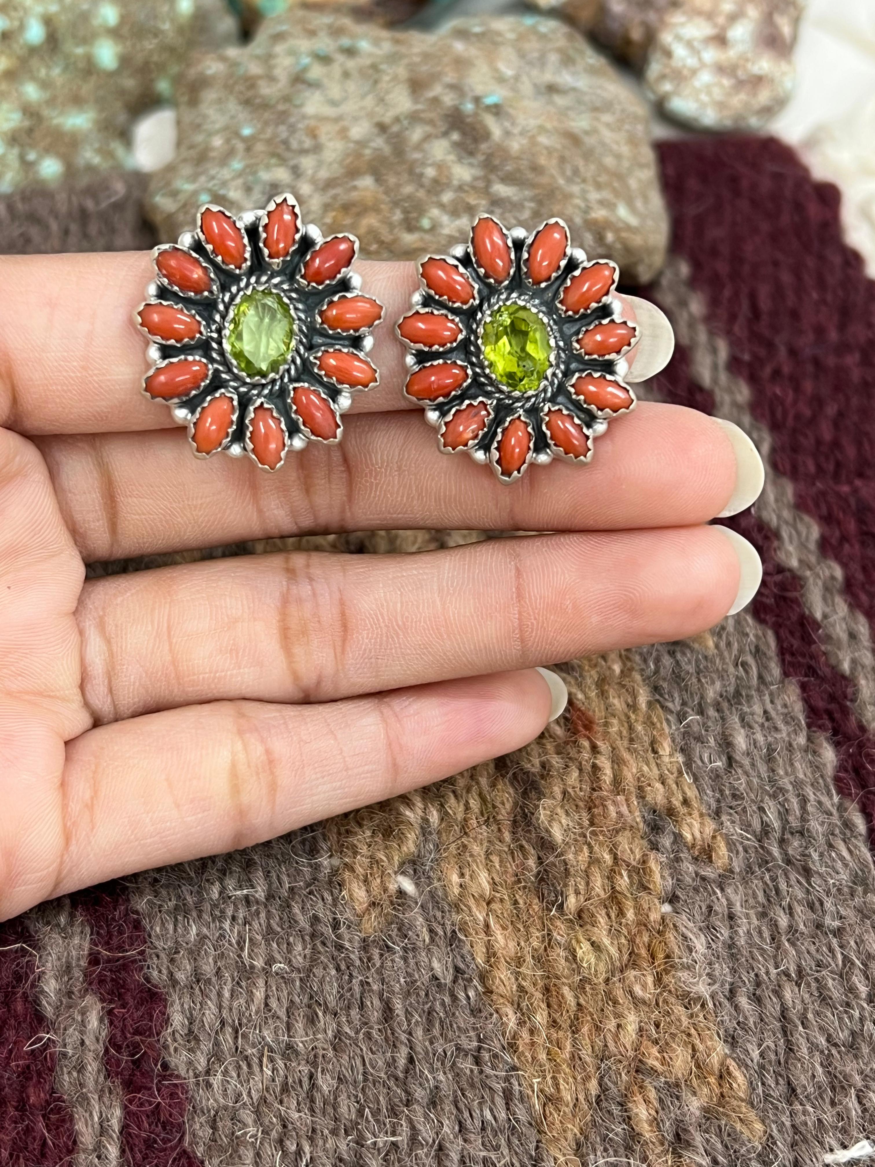 Christmas Handmade Sterling Silver Coral with Peridot Post Studs, Signed Nizhoni