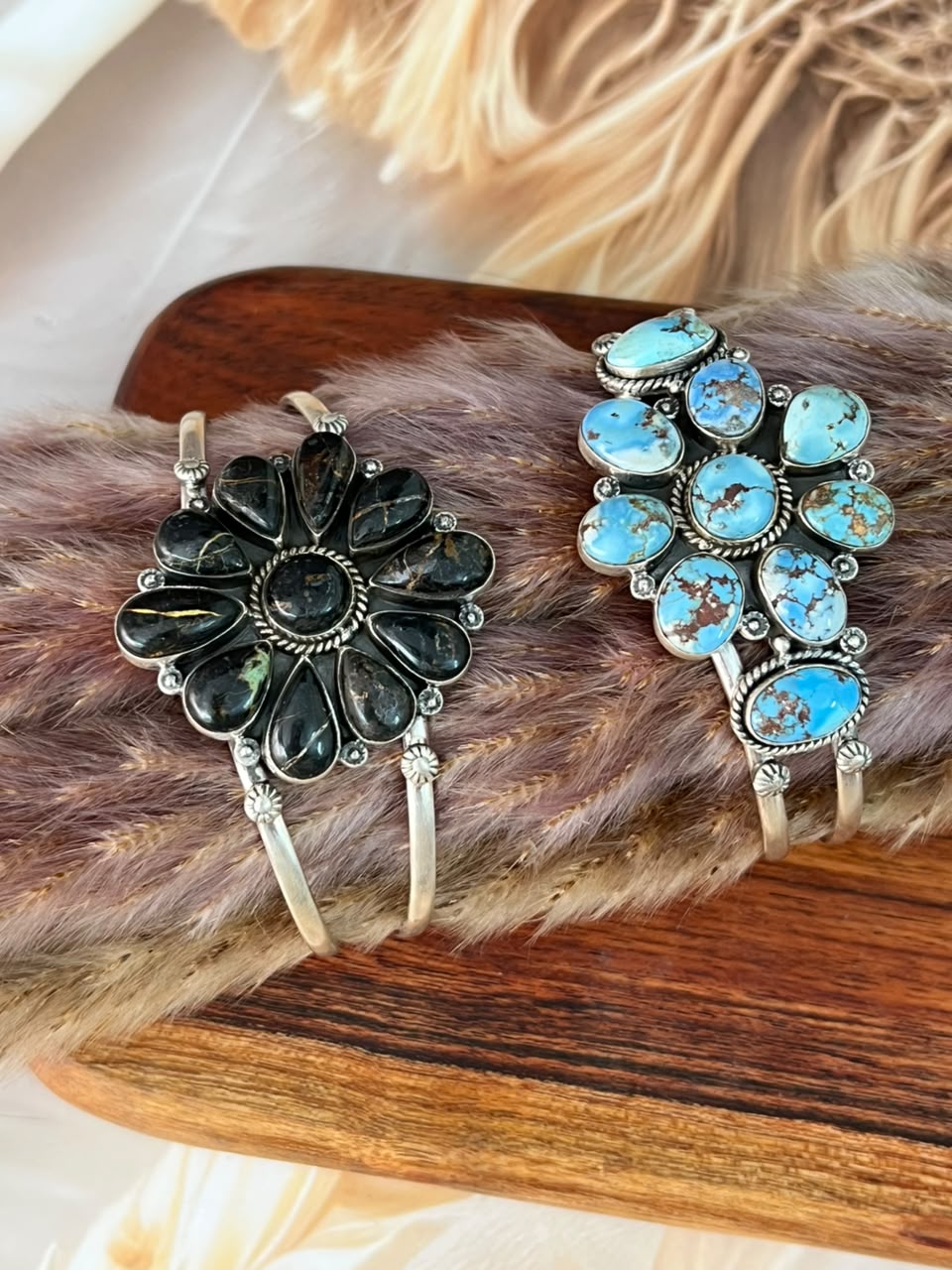 Handmade Sterling Silver Golden Hills and Blackjack Turquoise Cuff Bracelet Signed Nizhoni