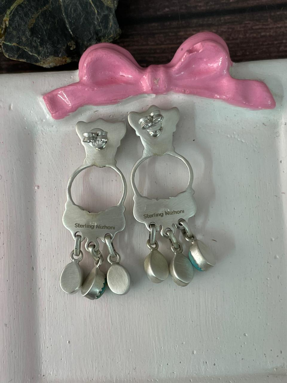 Handmade Sterling Silver White Buffalo with Kingman Post Dangle Earrings "Signed Nizhoni"