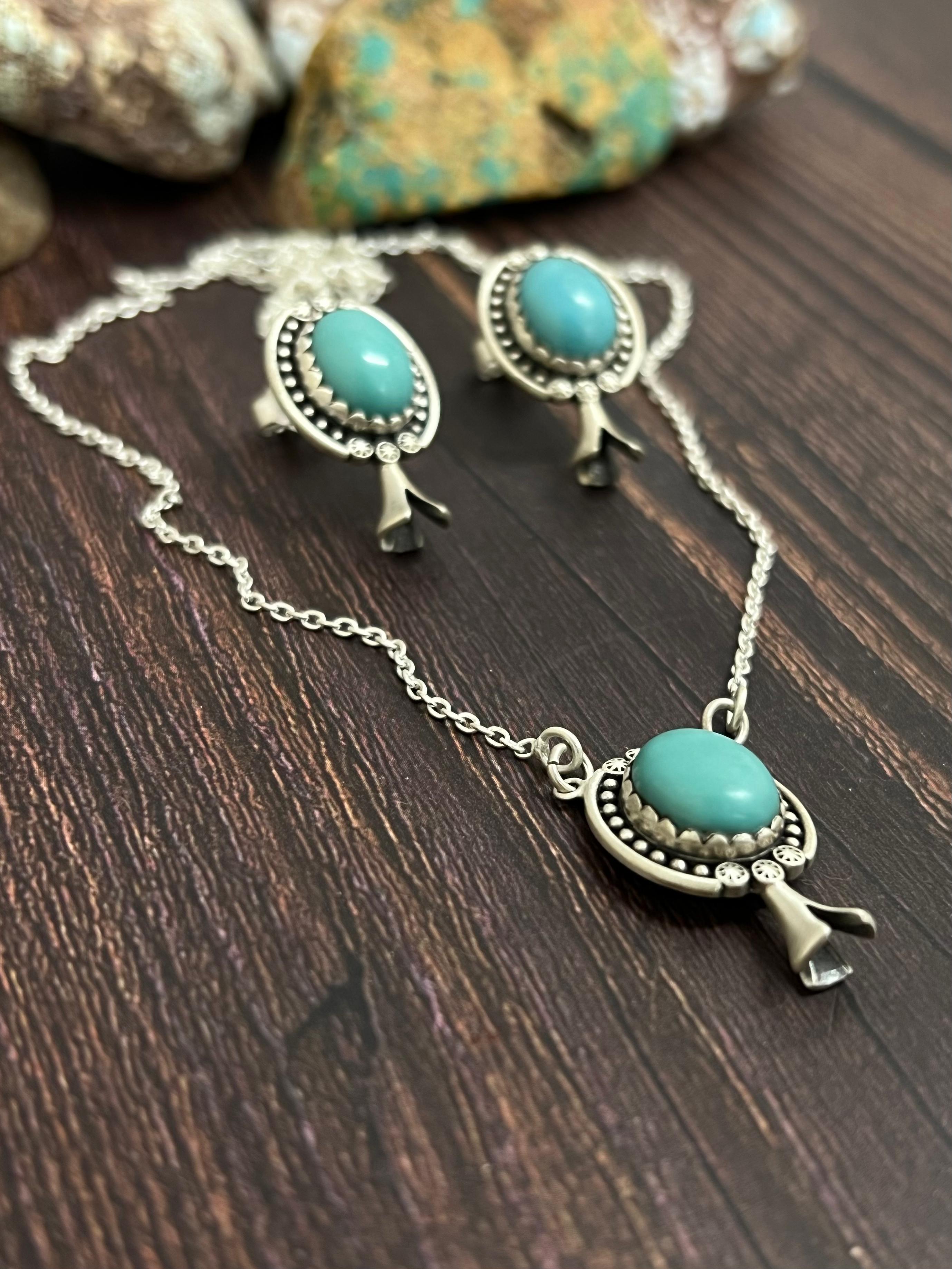 Handmade Sterling Silver Kingman Turquoise Necklace Earrings Set with Signed Nizhoni