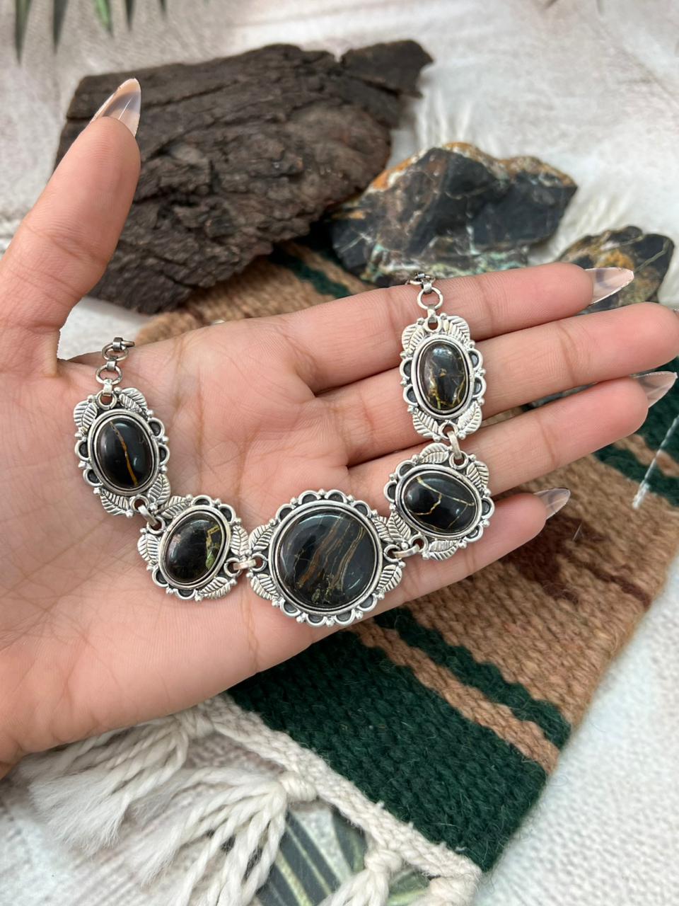 Handmade Sterling Silver Blackjack Turquoise Necklace "Signed Nizhoni"