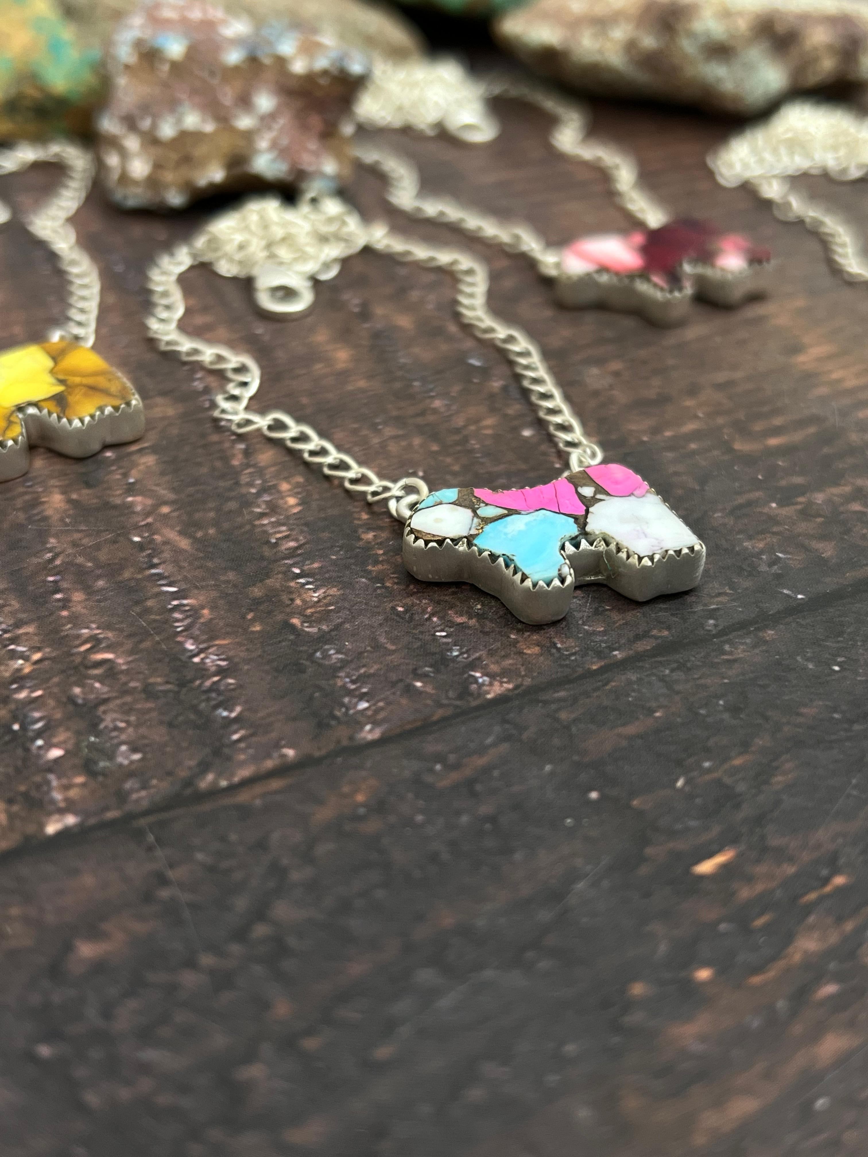 Handmade Sterling Silver Multi Gemstone Bull Necklace with Signed Nizhoni