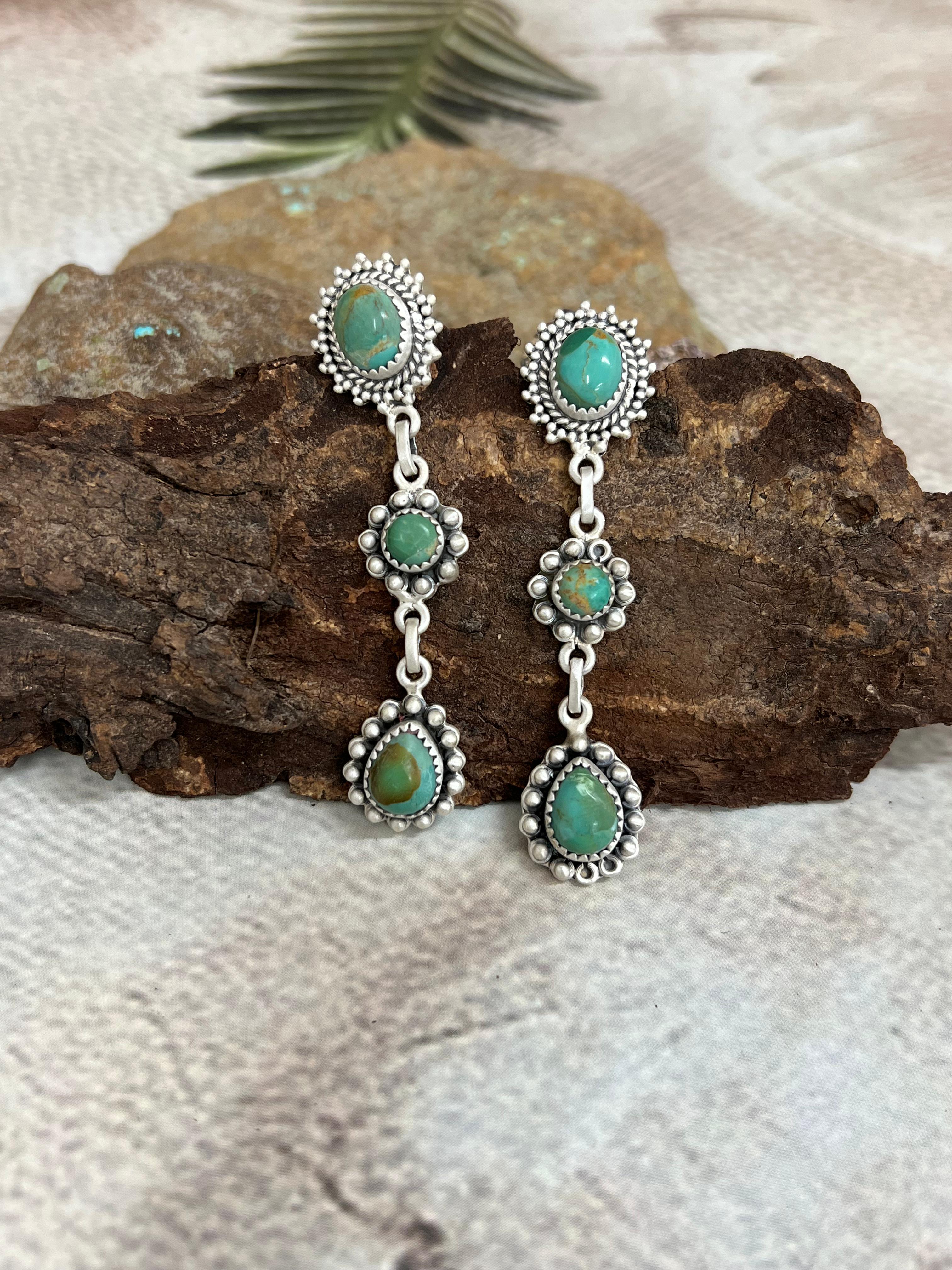 Handmade Sterling Silver Kingman Turquoise Post Dangle Earrings with Signed Nizhoni