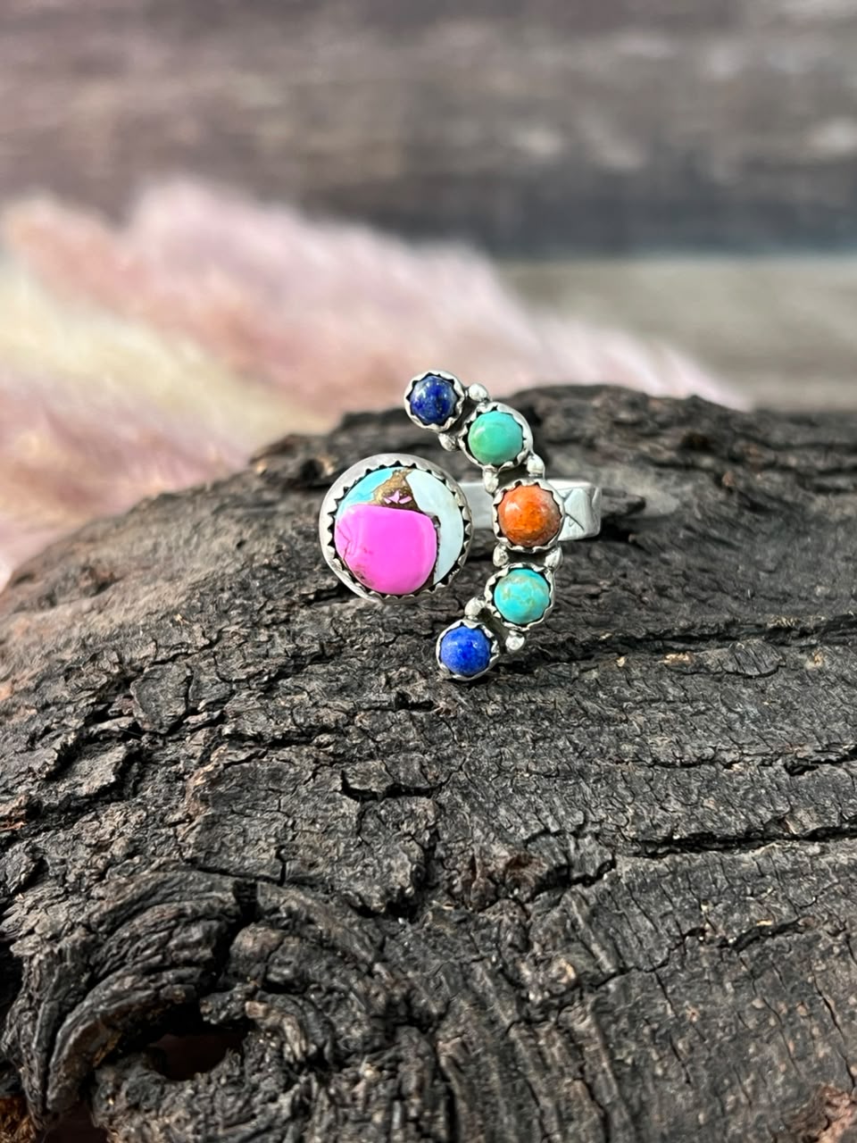 Handmade Sterling Silver Cotton Candy with Kingman Turquoise, Orange Mojave and Lapis Adjustable Ring Signed Nizhoni