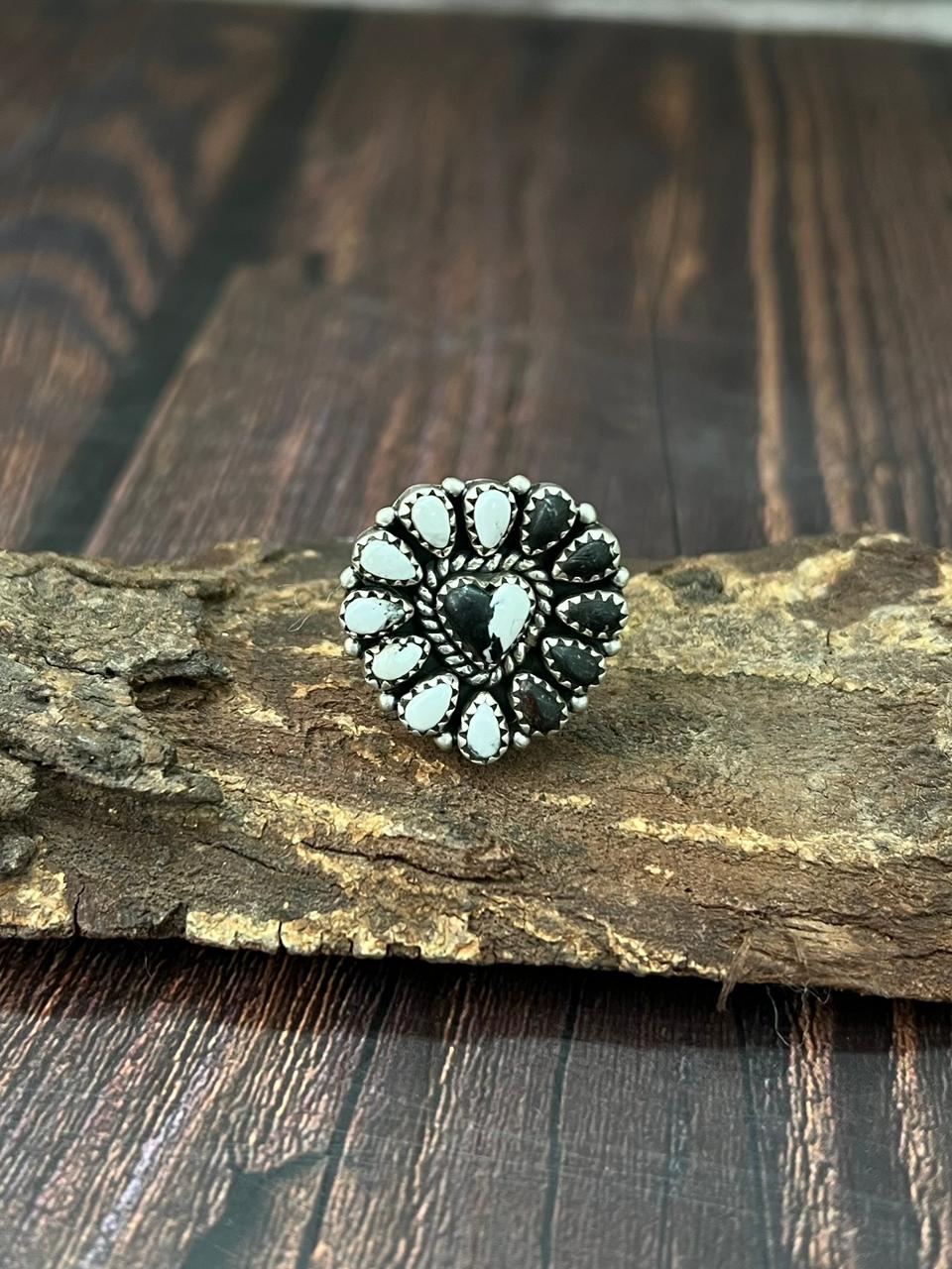 Handmade Sterling Silver White Buffalo Heart Adjustable Ring "Singed Nizhoni"