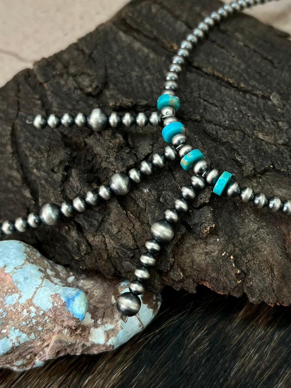 Handmade Sterling Silver Kingman Turquoise Beaded Necklace "Signed Nizhoni"