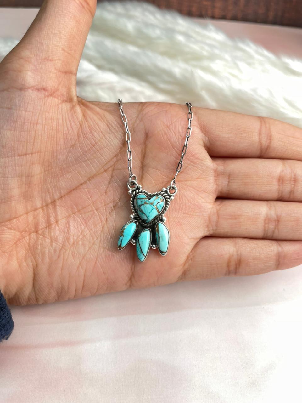 Handmade Sterling Silver Mint Dahlia Collection: Heart Necklace "Signed Nizhoni"