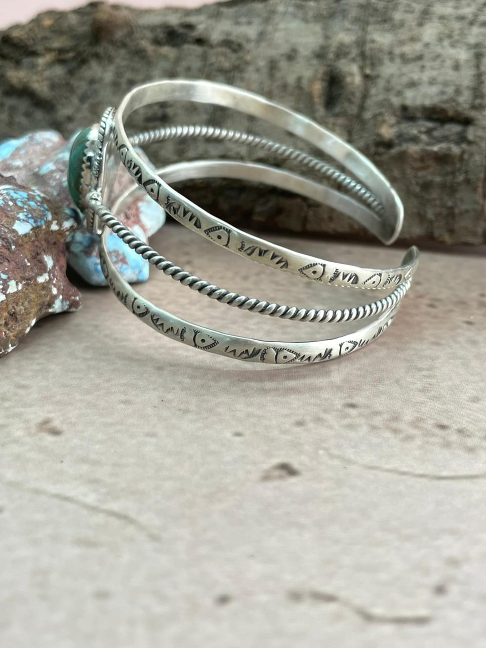 Handmade Sterling Silver Mantis Turquoise Cuff Bracelet with Signed Nizhoni