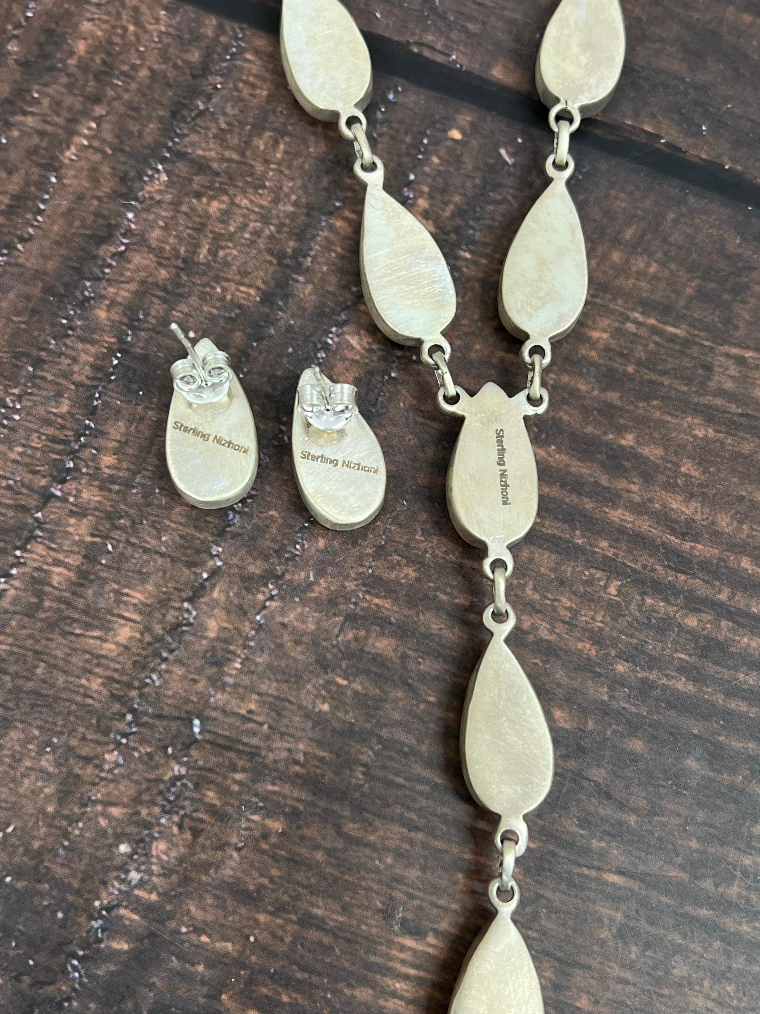 Handmade Sterling Silver Peacock Dahlia Necklace Earrings Set with Signed Nizhoni