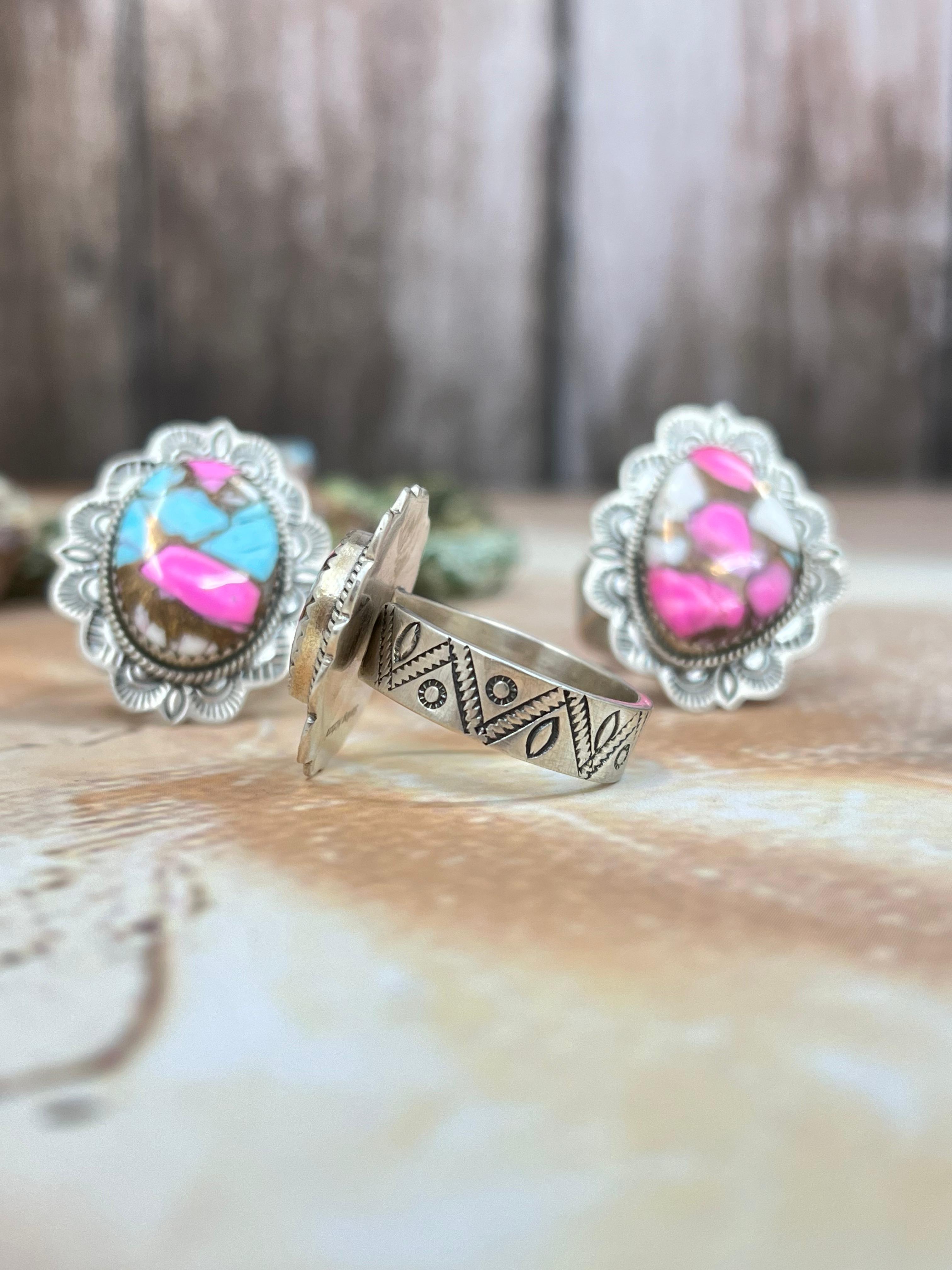 Handmade Sterling Silver Cotton Candy Turquoise Adjustable Ring, Signed Nizhoni
