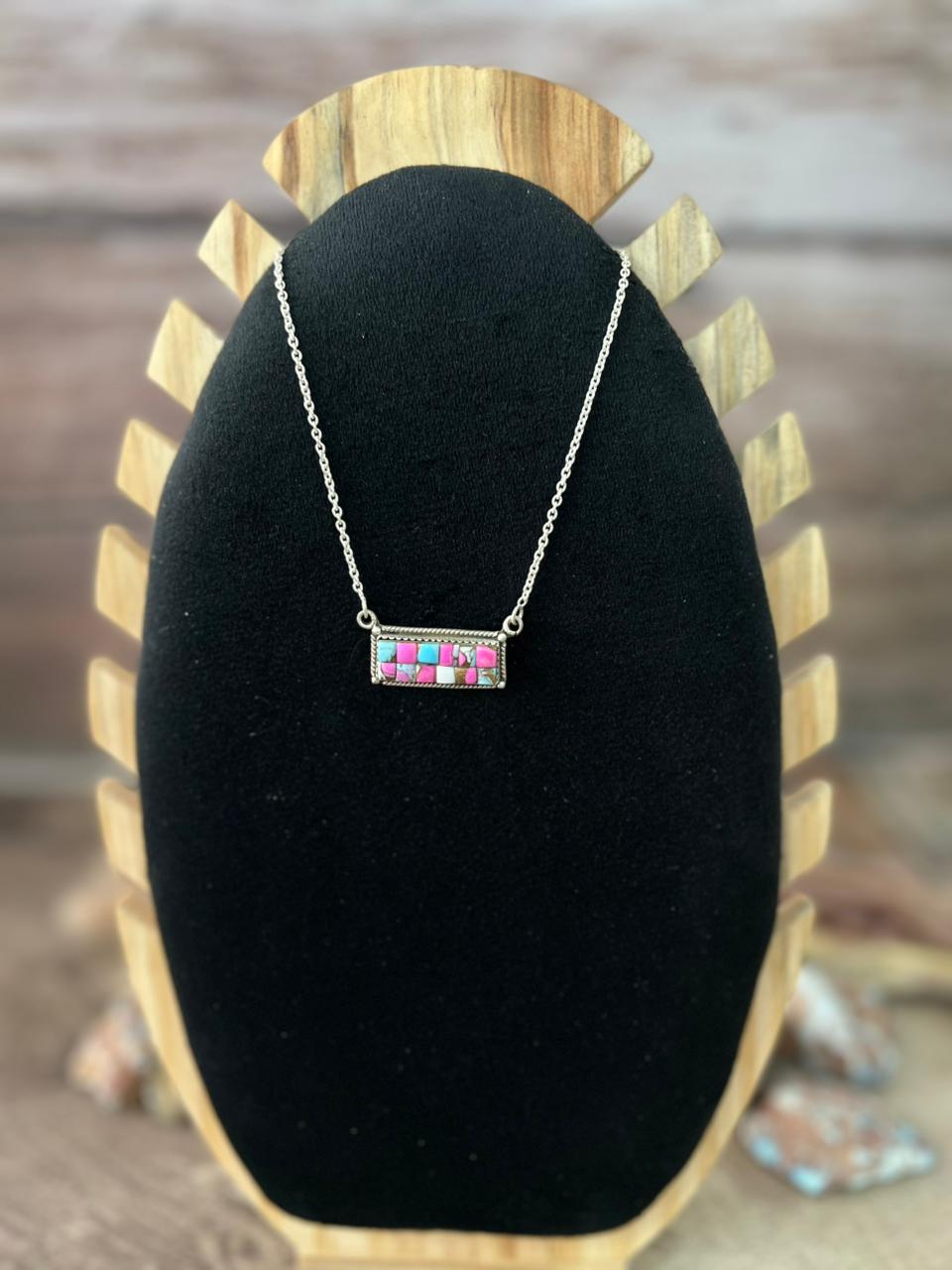 Handmade Sterling Silver Cotton Candy Cobble Stone Bar Necklace "Signed Nizhoni"