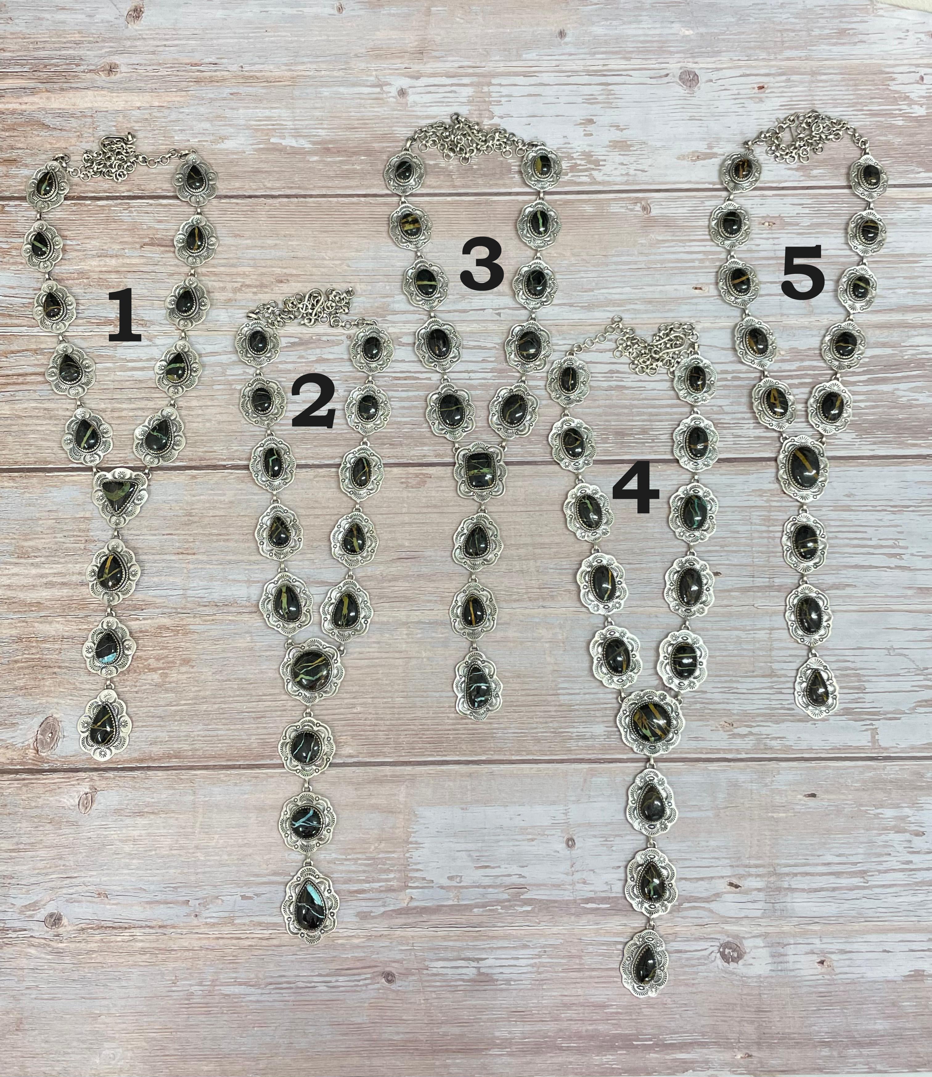 Handmade Sterling Silver Blackjack Turquoise Lariat Necklace with Signed Nizhoni