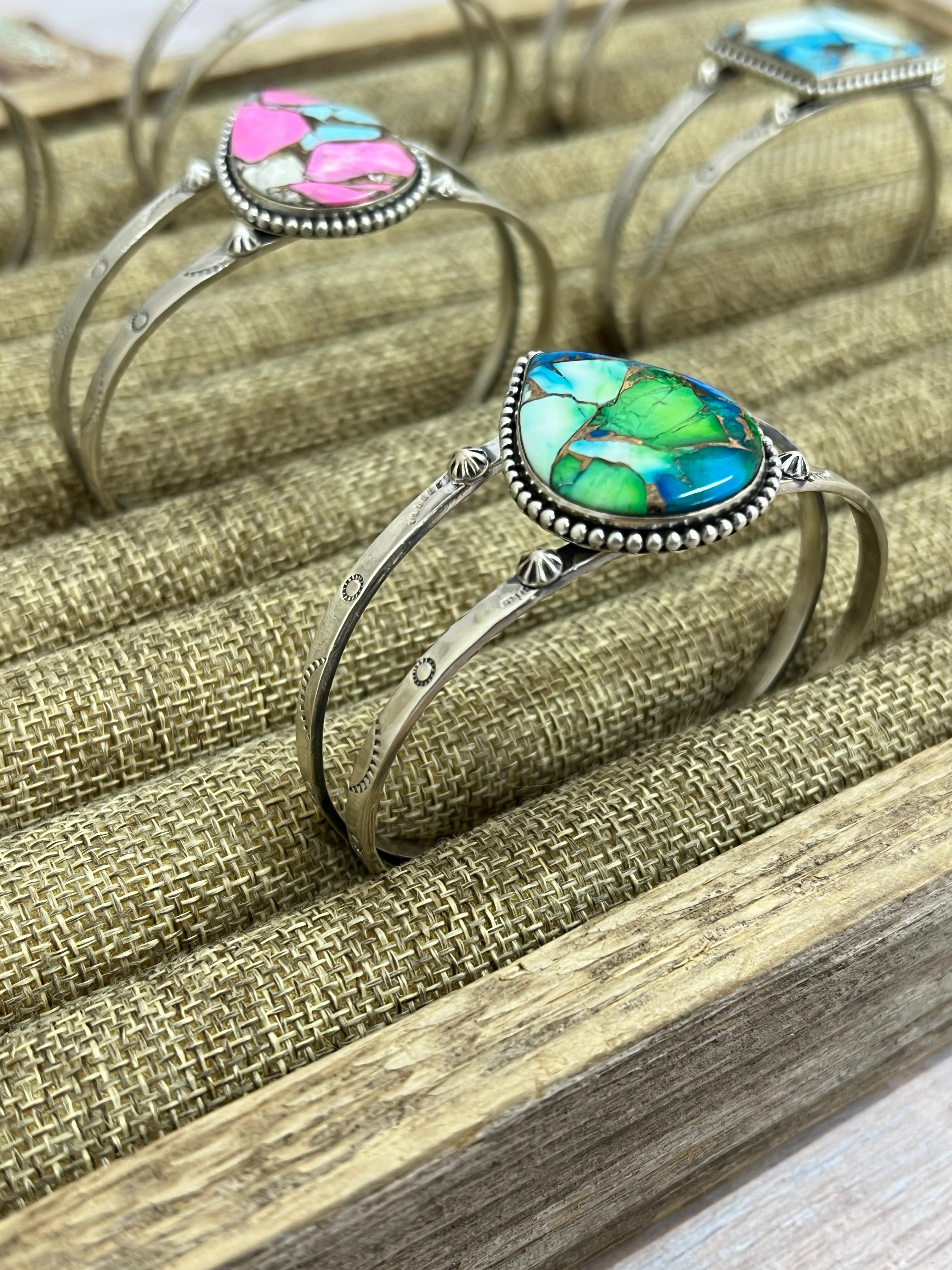 Handmade Sterling Silver Multi Stone Cuff Bracelet with Signed Nizhoni