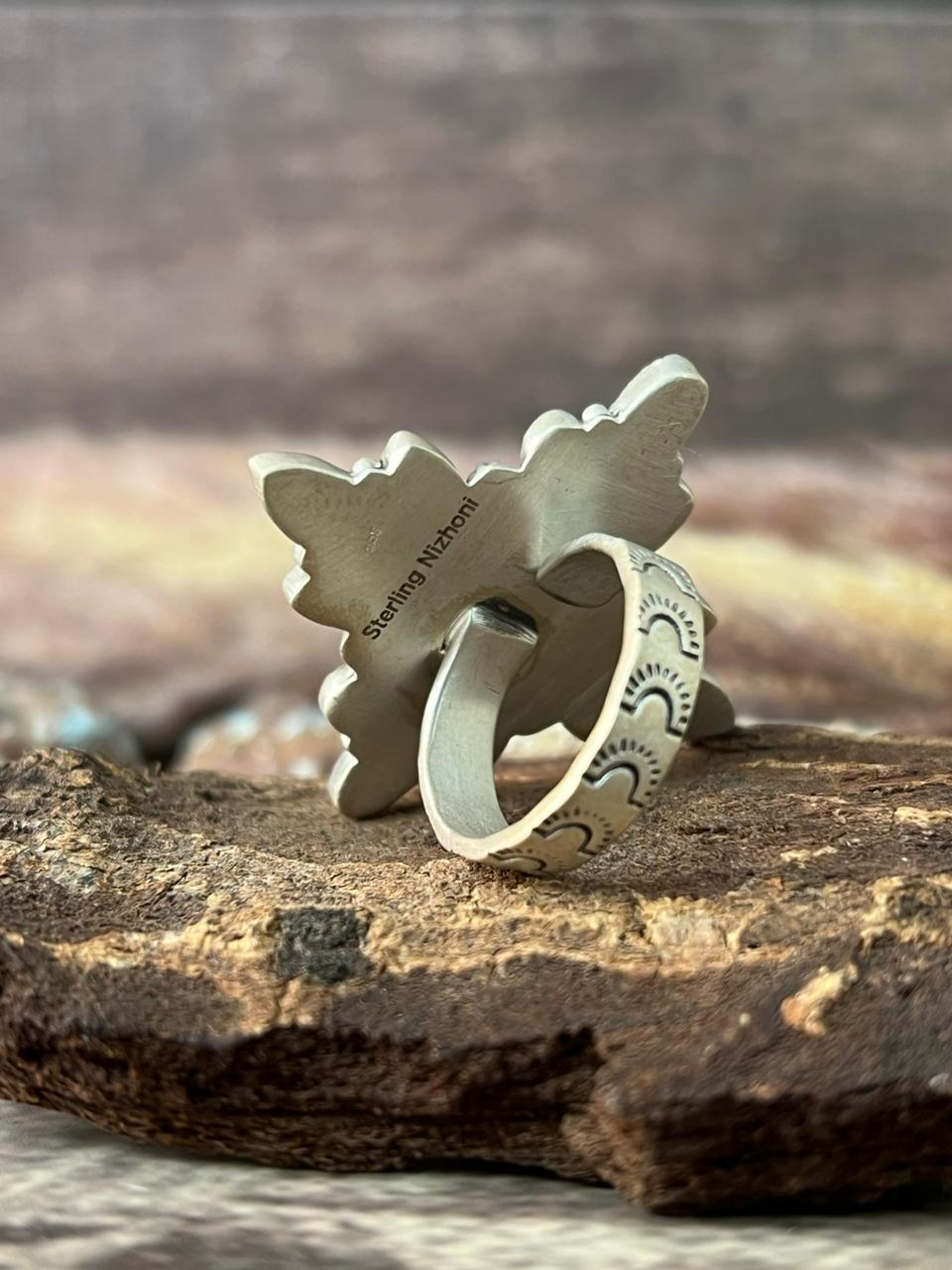 Handmade Sterling Silver White Buffalo with Santa Maria Adjustable Ring "Signed Nizhoni"