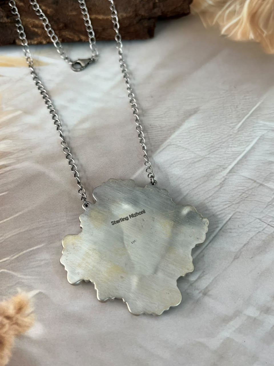 Handmade Sterling Silver Palomino with Kingman Turquoise and Orange Mojave Necklace Signed Nizhoni