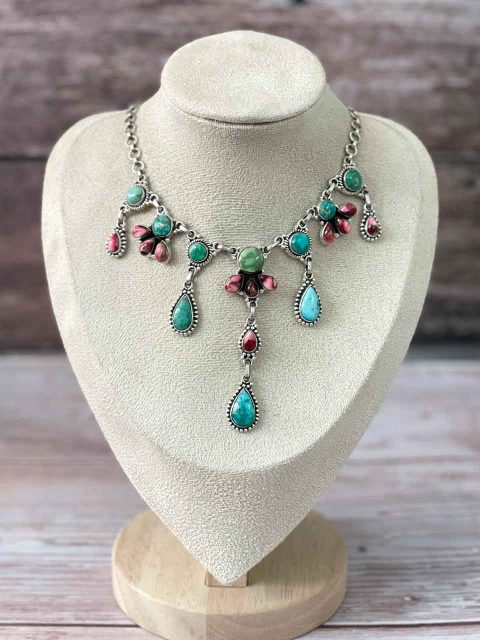 Handmade Sterling Silver Dahlia Rose with Emerald Valley Turquoise Necklace "Signed Nizhoni"