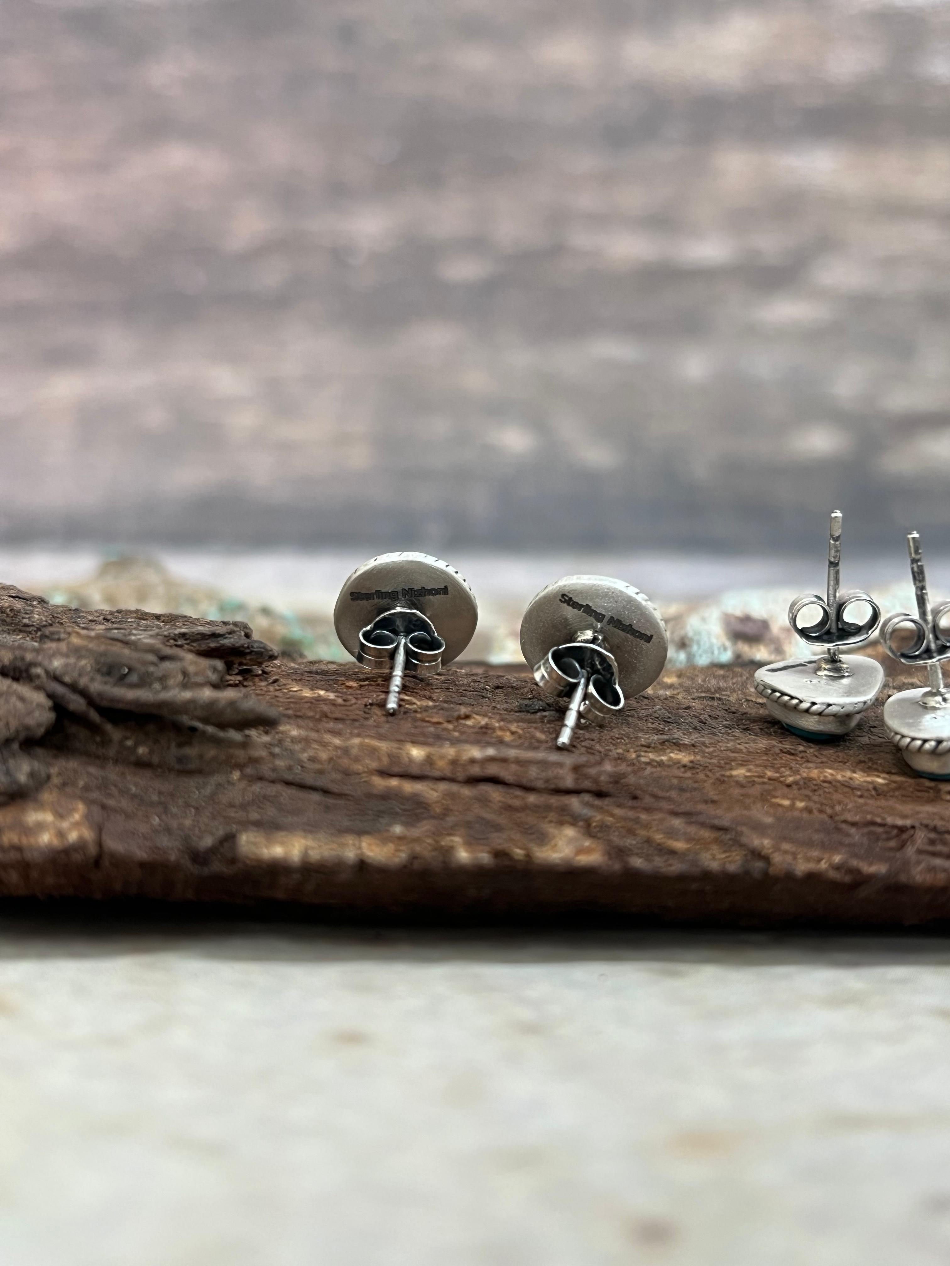 Handmade Sterling Silver White Water Turquoise Post Studs Signed Nizhoni