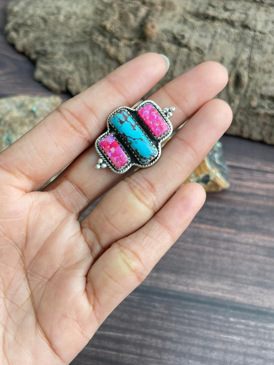 Handmade Sterling Silver Arizona Turquoise with Hot Pink Adjustable Ring "Signed Nizhoni"