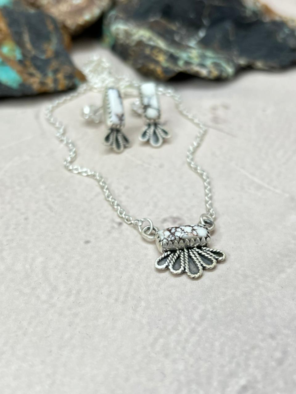 Handmade Sterling Silver Wildhorse Magnesite Necklace Earrings Set "Signed Nizhoni"