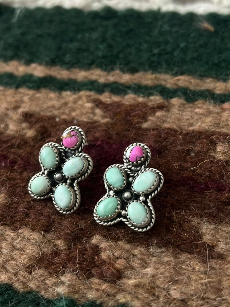 Handmade Sterling Silver Cotton Candy with Paloma Turquoise Post Studs Earrings Signed Nizhoni