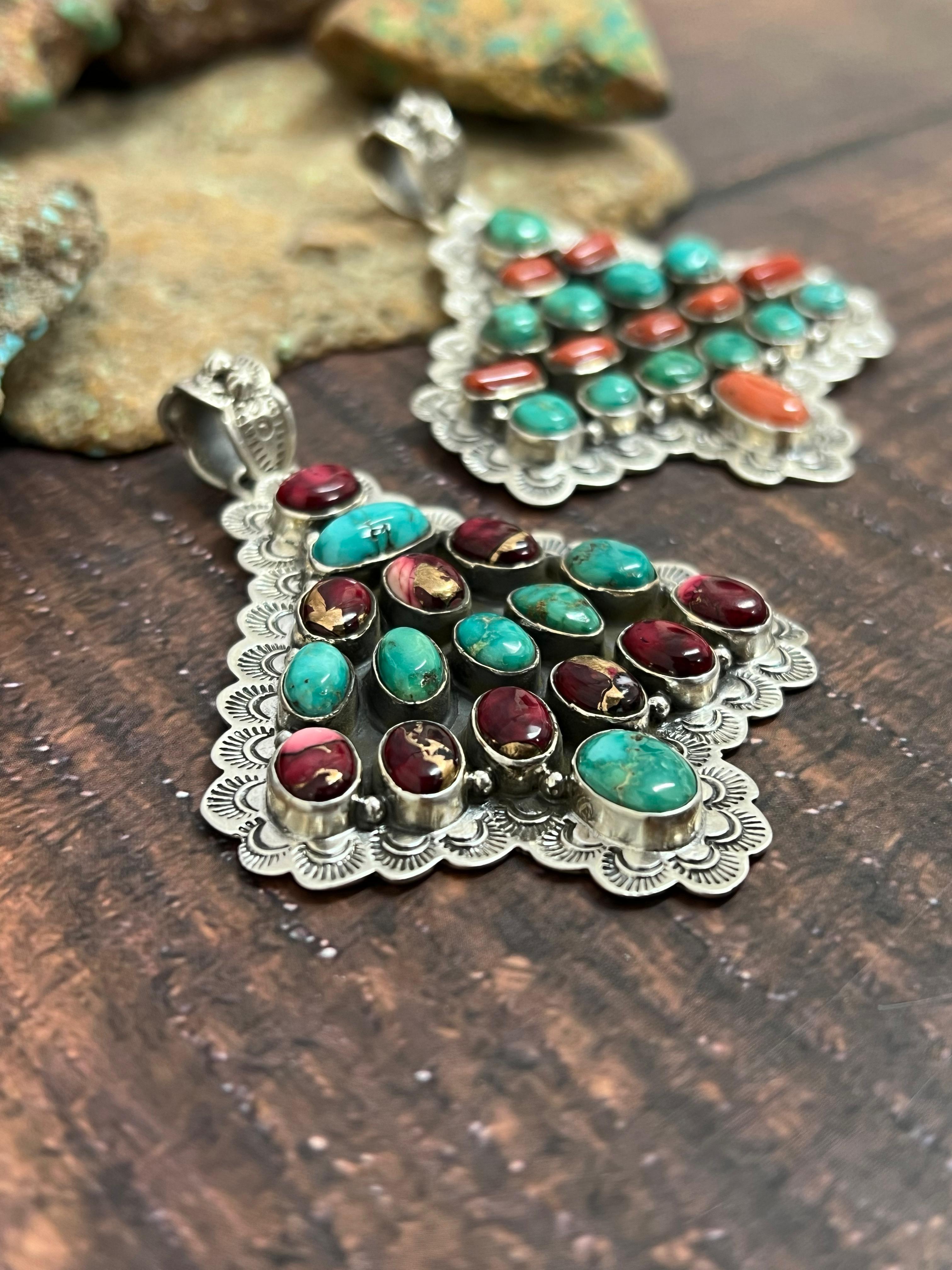 Handmade Sterling Silver Emerald Valley, Coral and Dahlia Rose Pendant, Signed Nizhoni